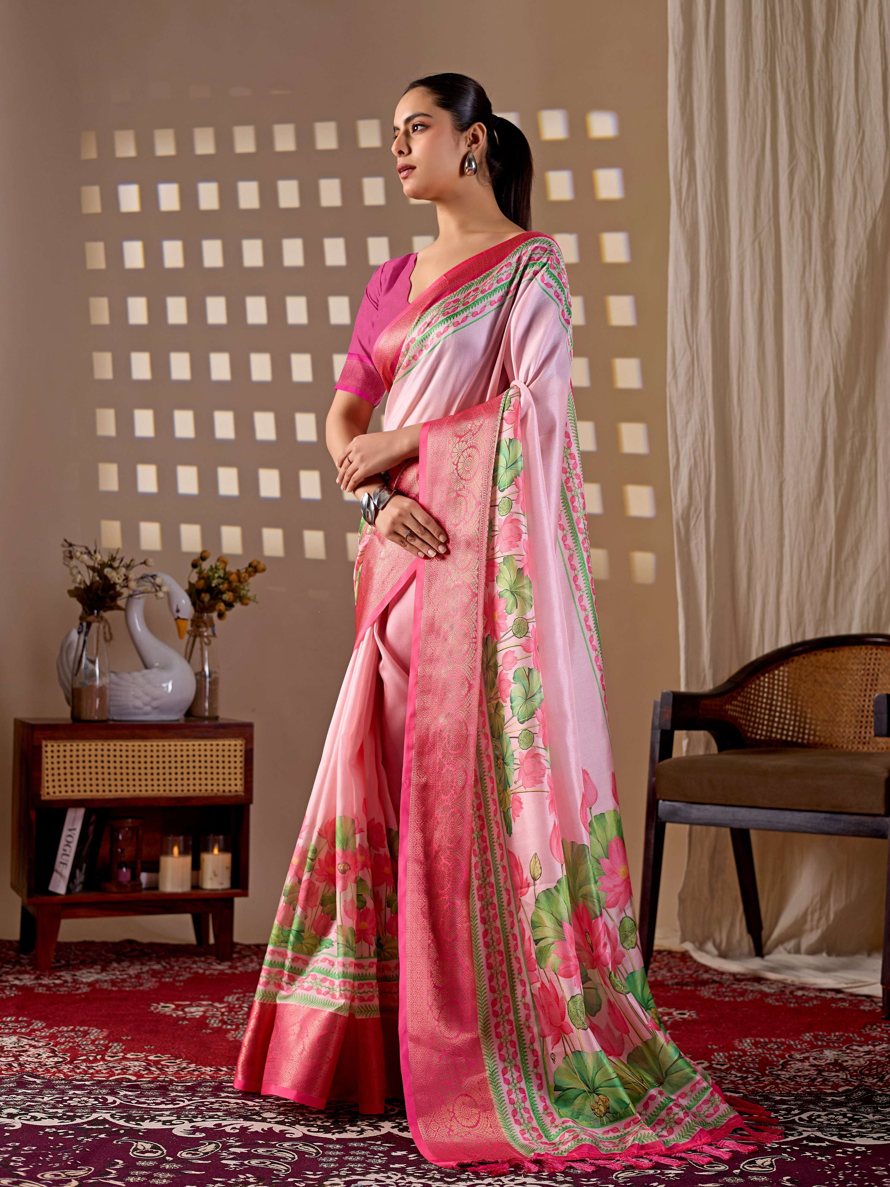 Pink Soft Lichi Silk Printed Saree with Matching Blouse