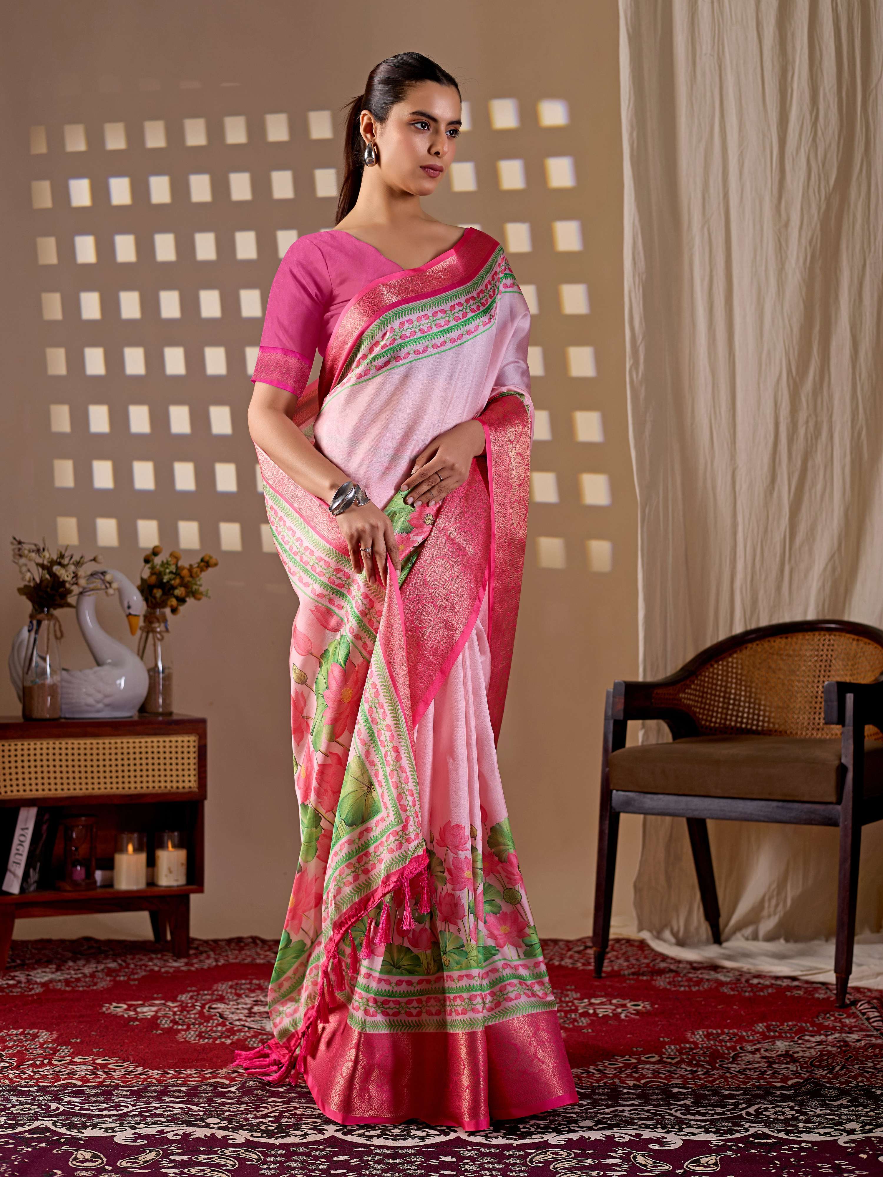 Pink Soft Lichi Silk Printed Saree with Matching Blouse
