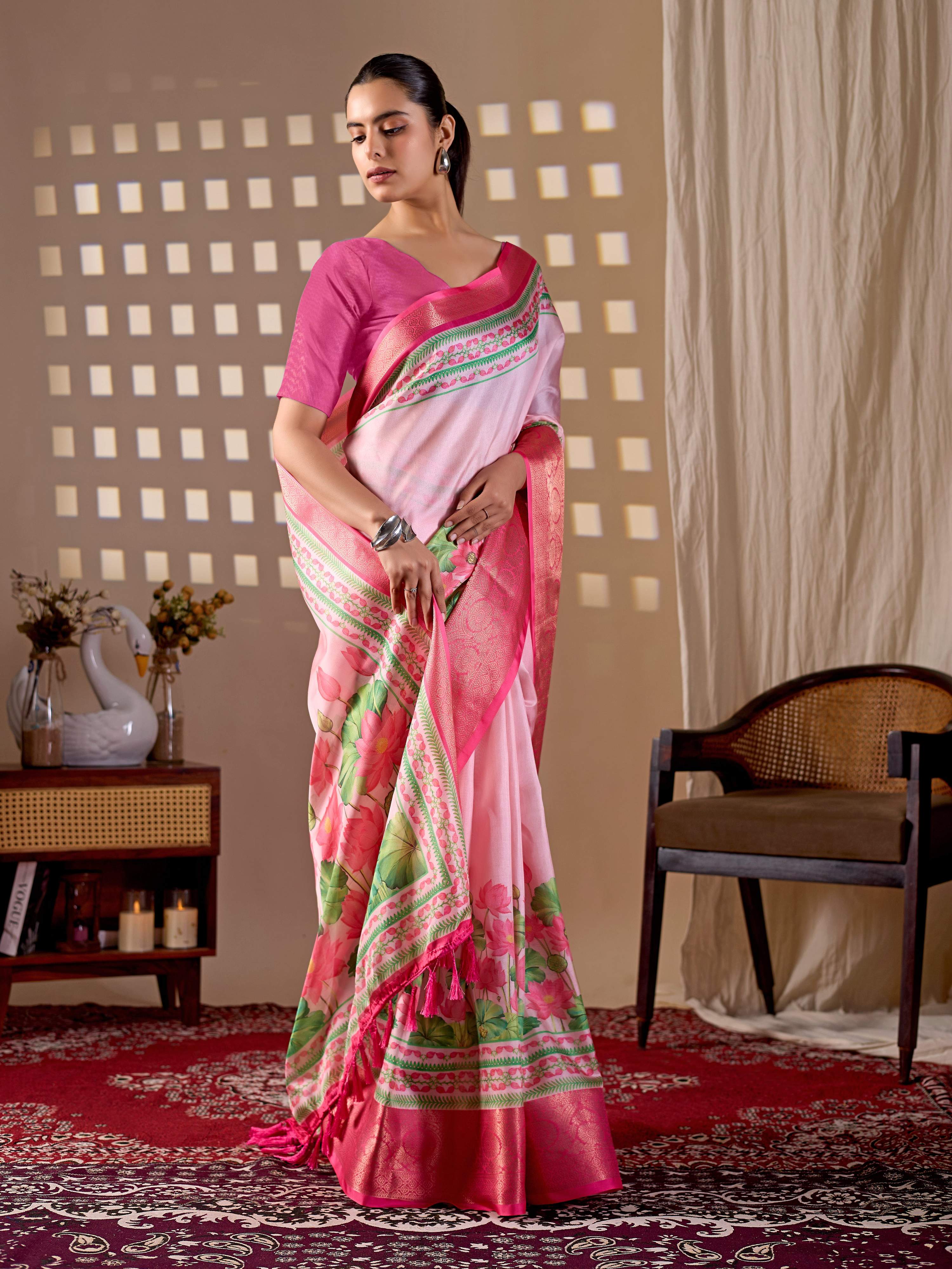 Pink Soft Lichi Silk Printed Saree with Matching Blouse