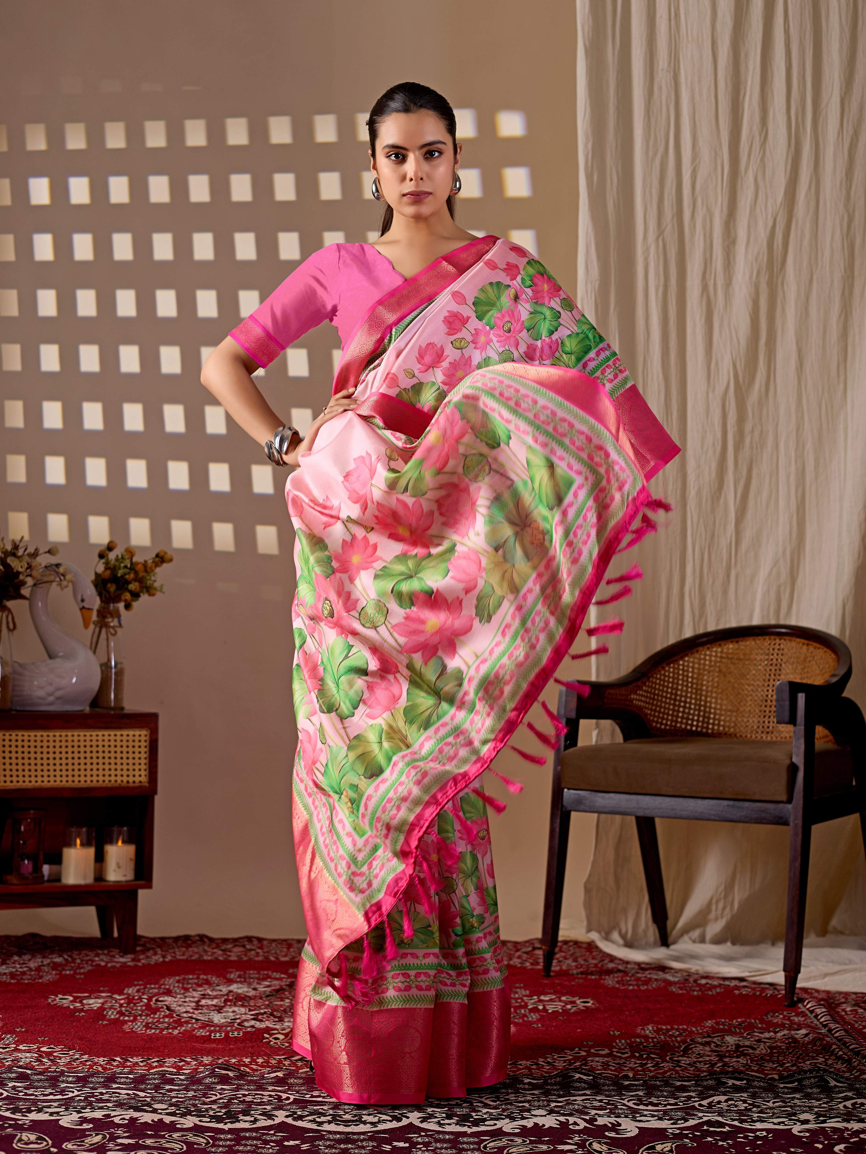 Pink Soft Lichi Silk Printed Saree with Matching Blouse