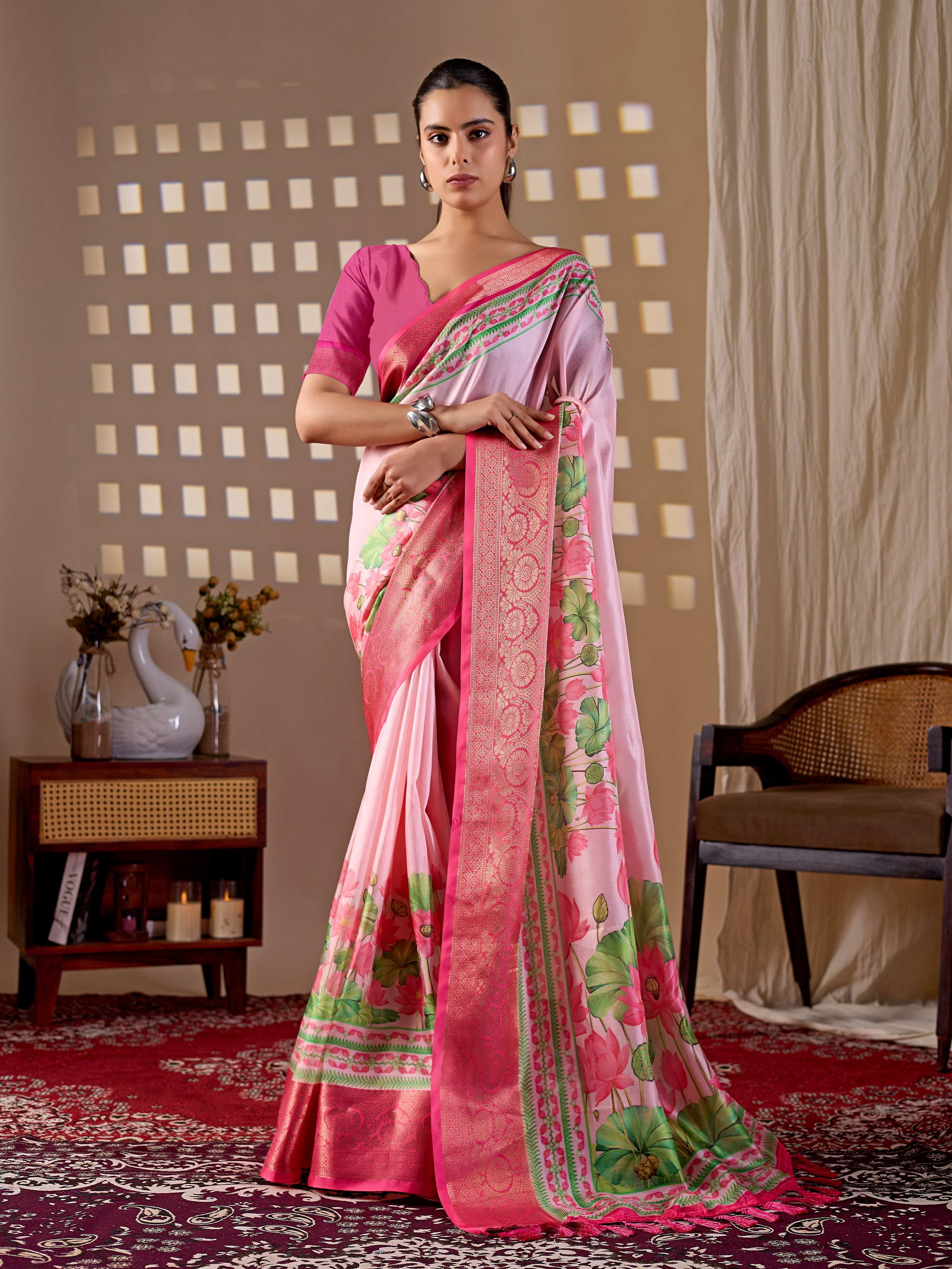 Pink soft lichi silk printed saree with a premium finish