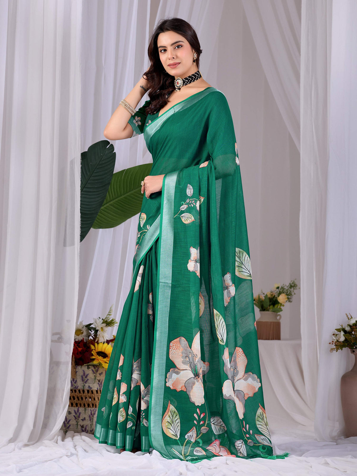 Green Soft Linen Cotton Printed Saree with Matching Blouse