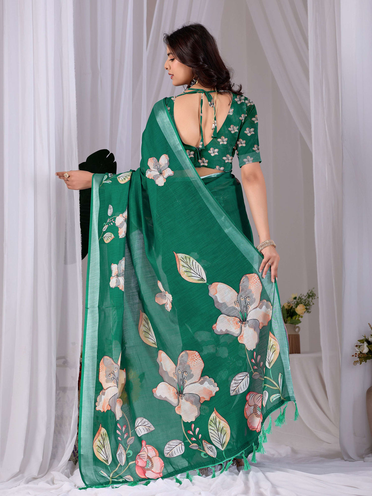 Green Soft Linen Cotton Printed Saree with Matching Blouse