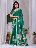 Green Soft Linen Cotton Printed Saree with Matching Blouse