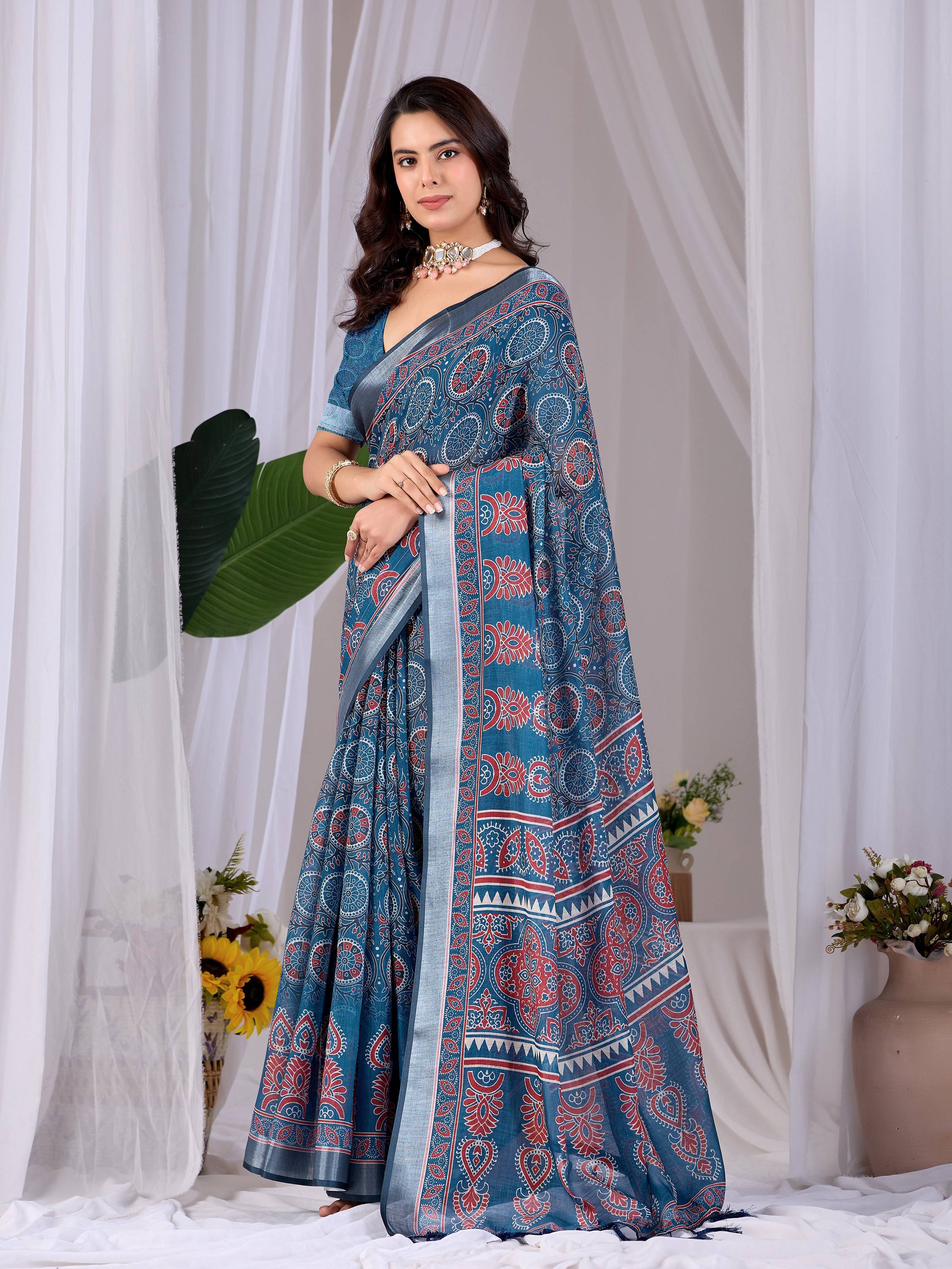 Teal Blue Soft Linen Cotton Printed Saree with Matching Blouse