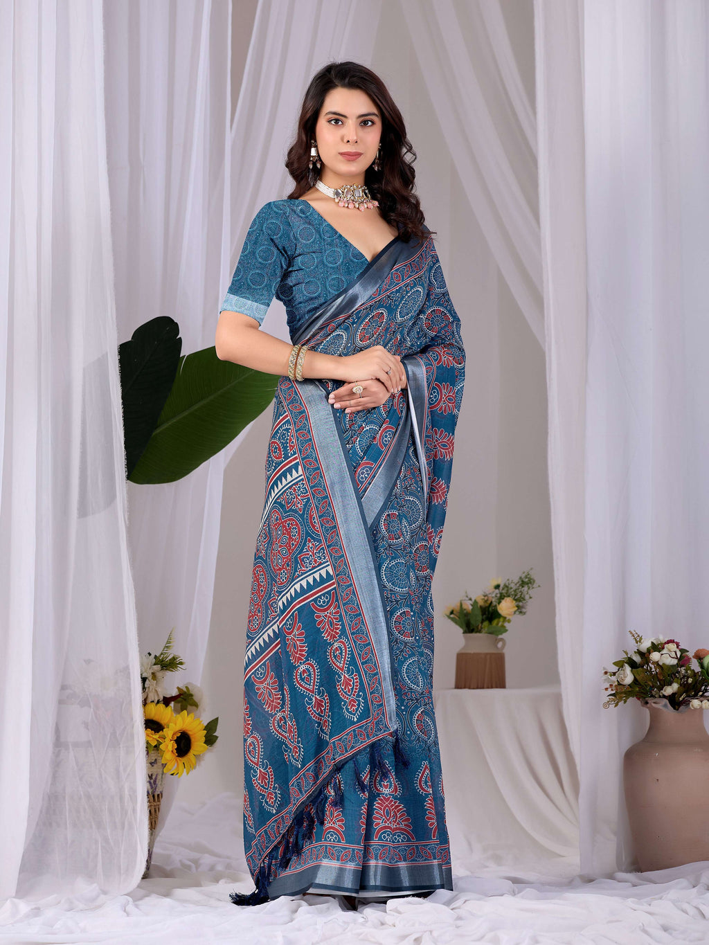 Teal Blue Soft Linen Cotton Printed Saree with Matching Blouse