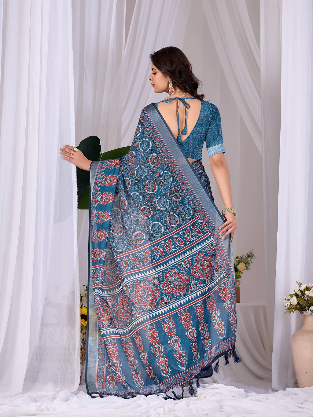 Teal Blue Soft Linen Cotton Printed Saree with Matching Blouse