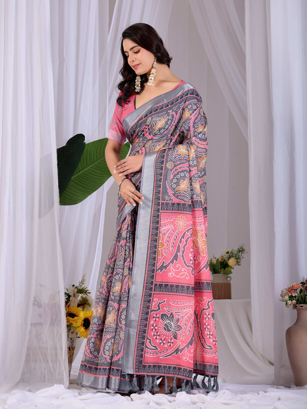 Pink soft linen cotton printed saree with matching blouse piece