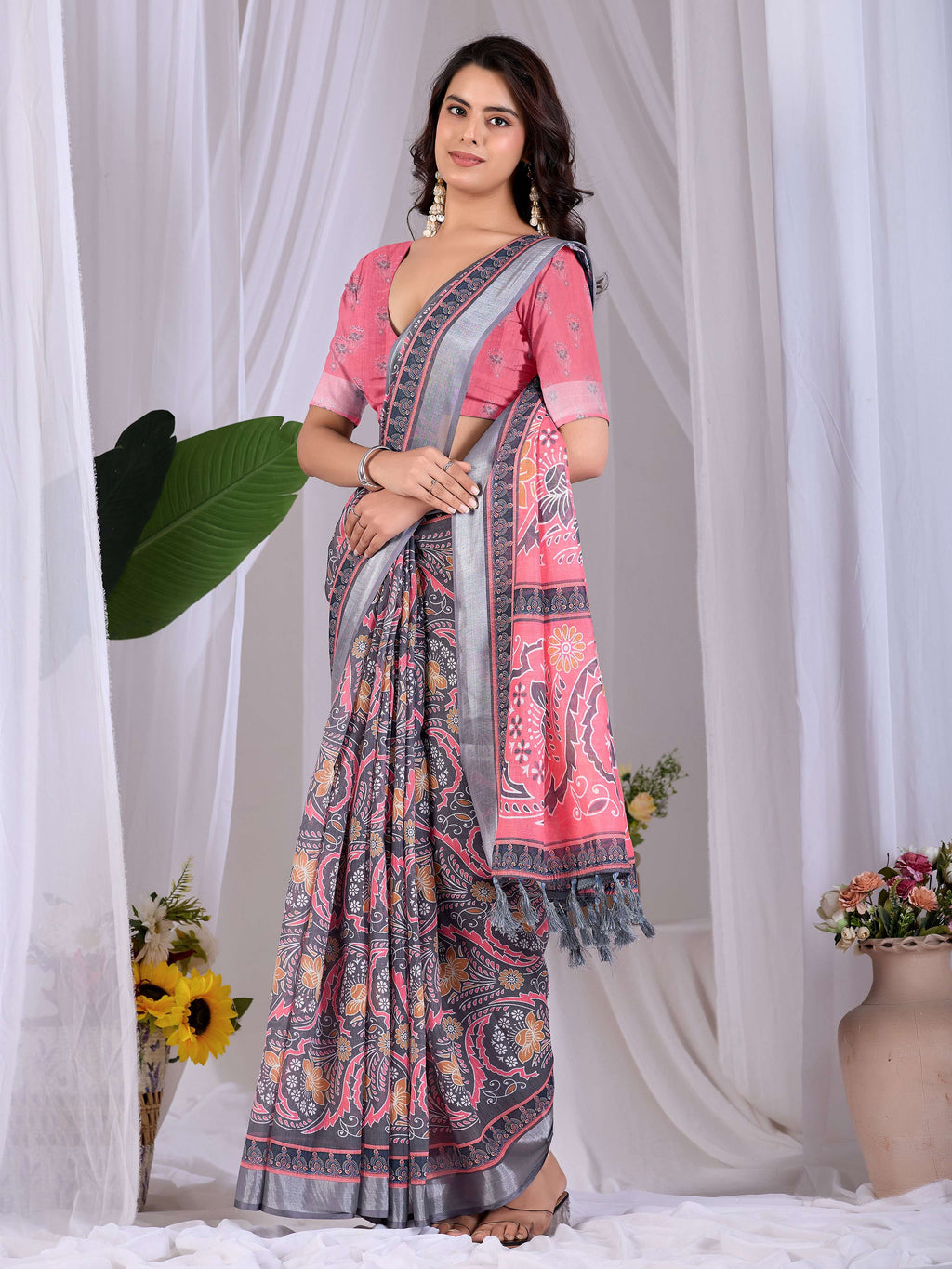 Pink Soft Linen Cotton Printed Saree with Matching Blouse