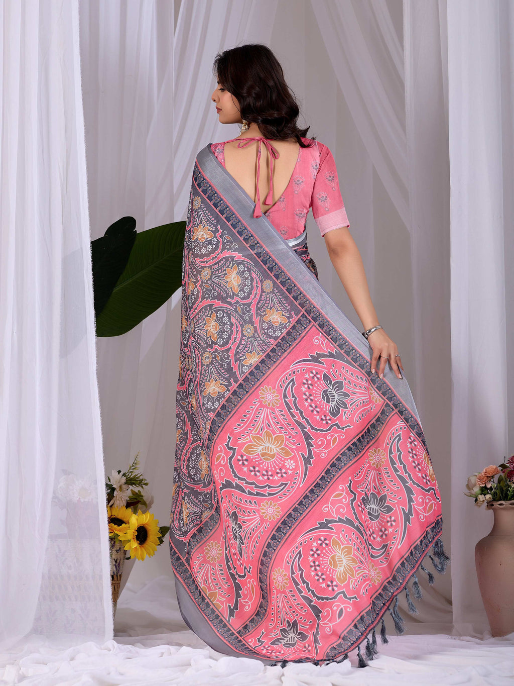 Pink Soft Linen Cotton Printed Saree with Matching Blouse