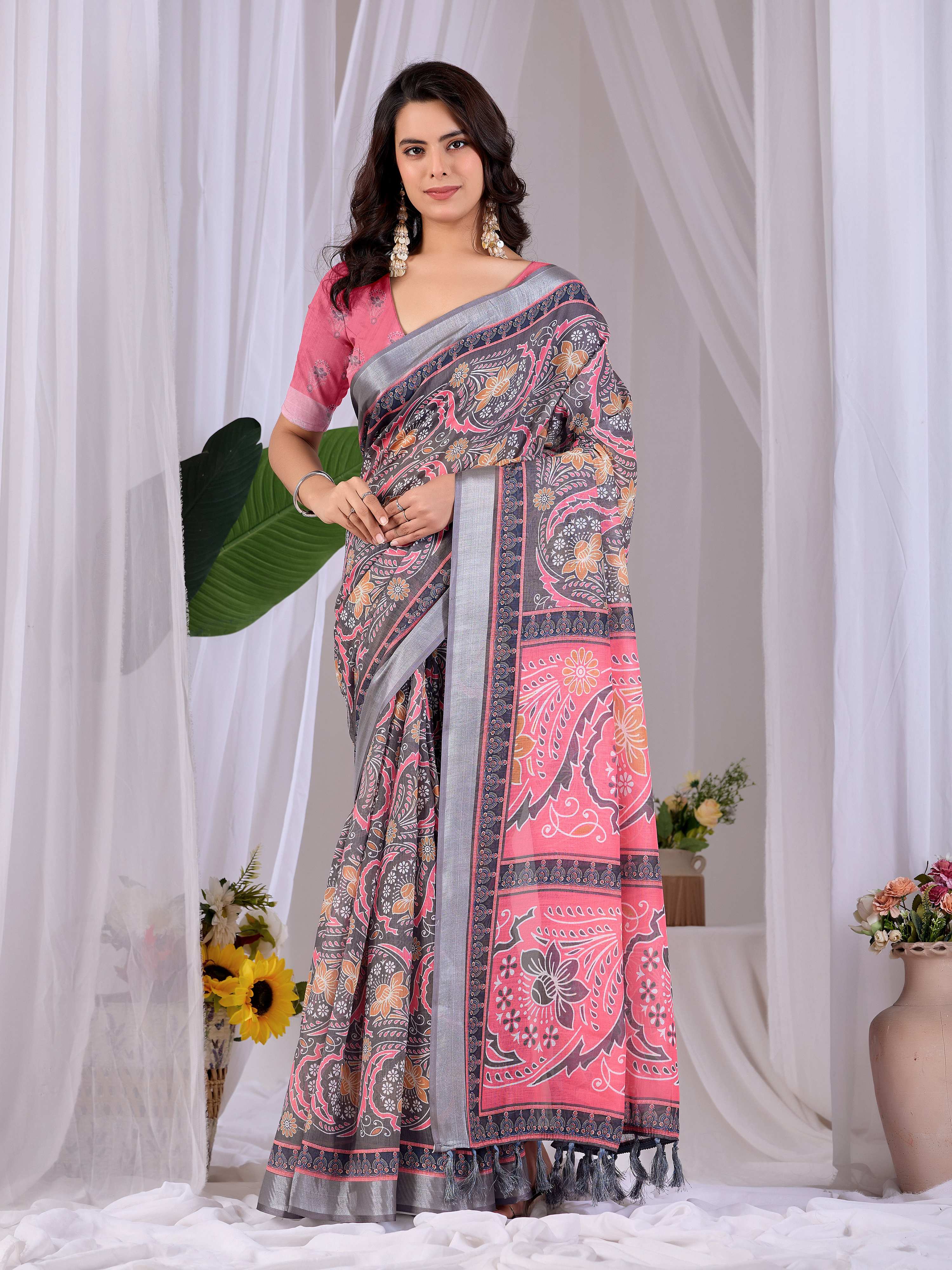 Pink Soft Linen Cotton Printed Saree with Matching Blouse