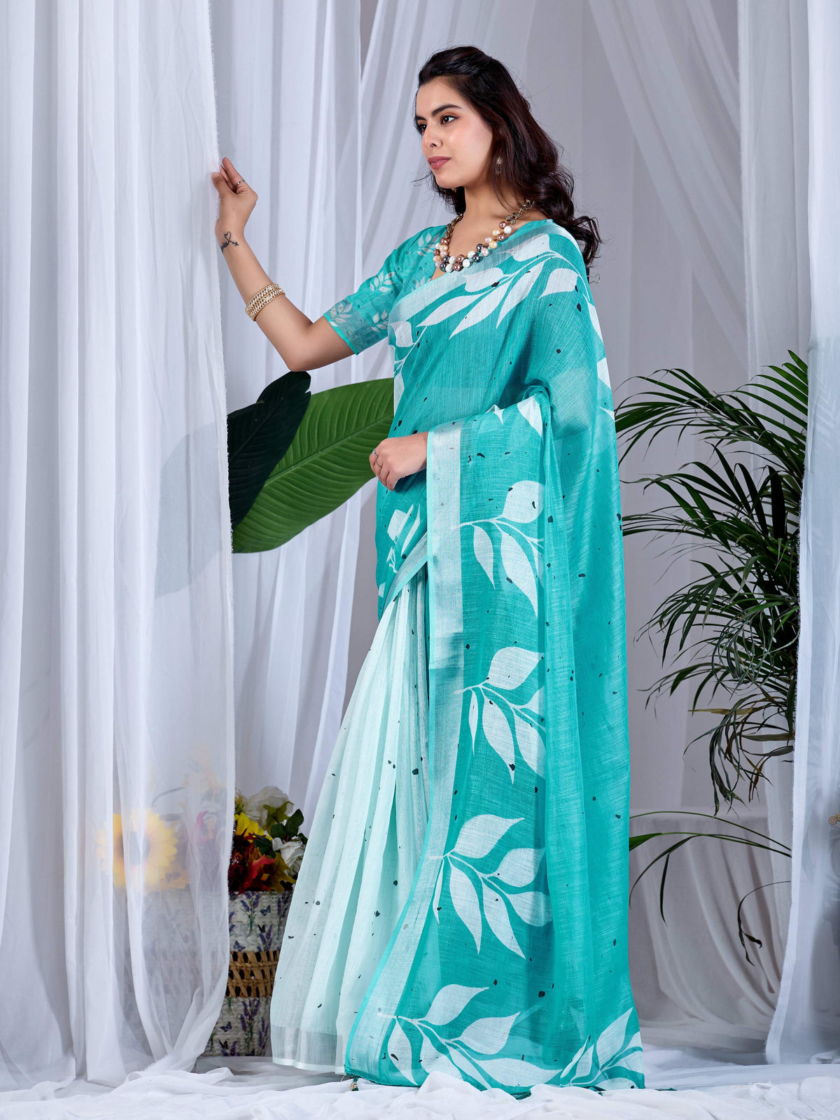 See Green Soft Linen Cotton Printed Saree with Matching Blouse