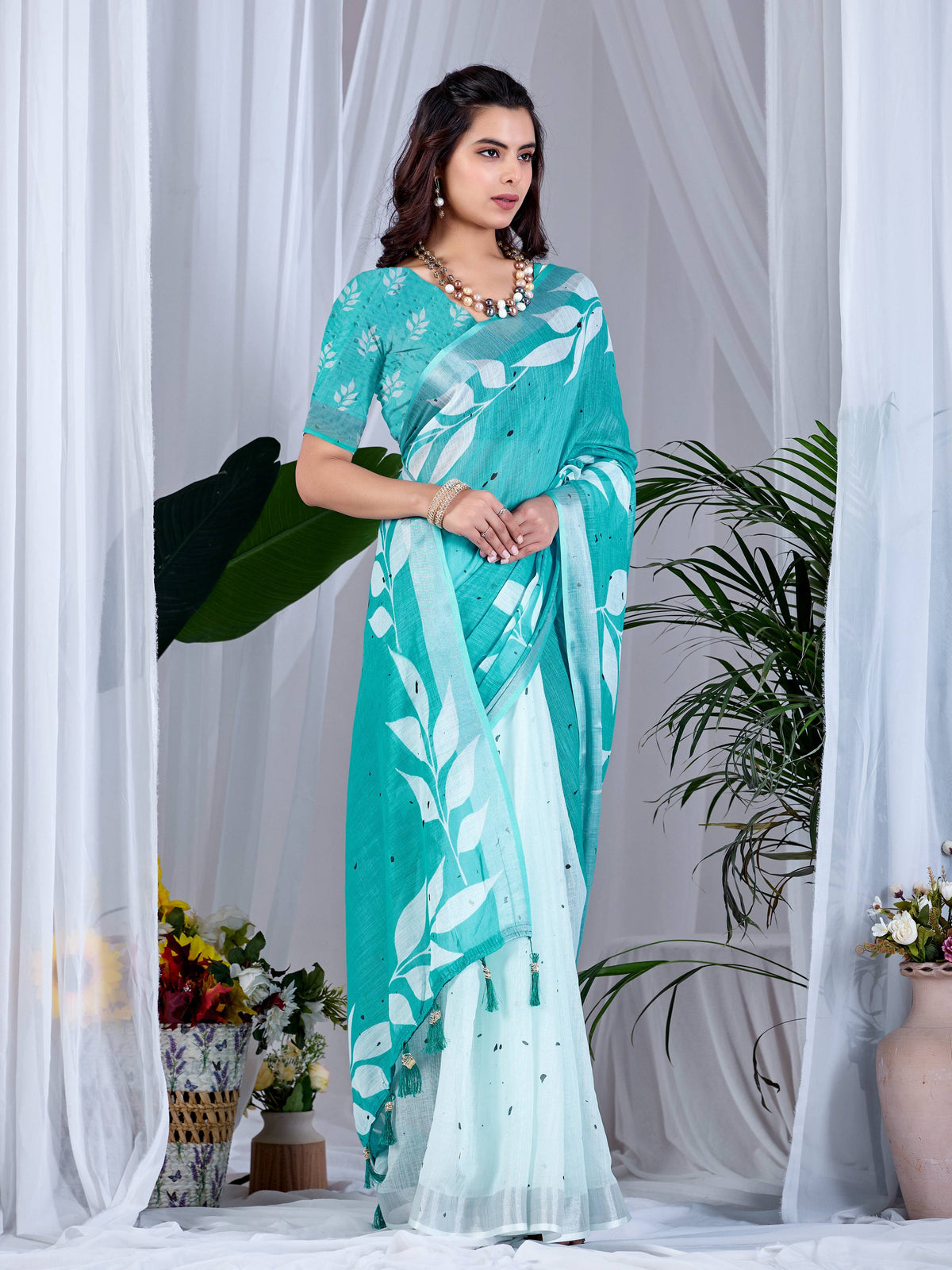 See Green Soft Linen Cotton Printed Saree with Matching Blouse