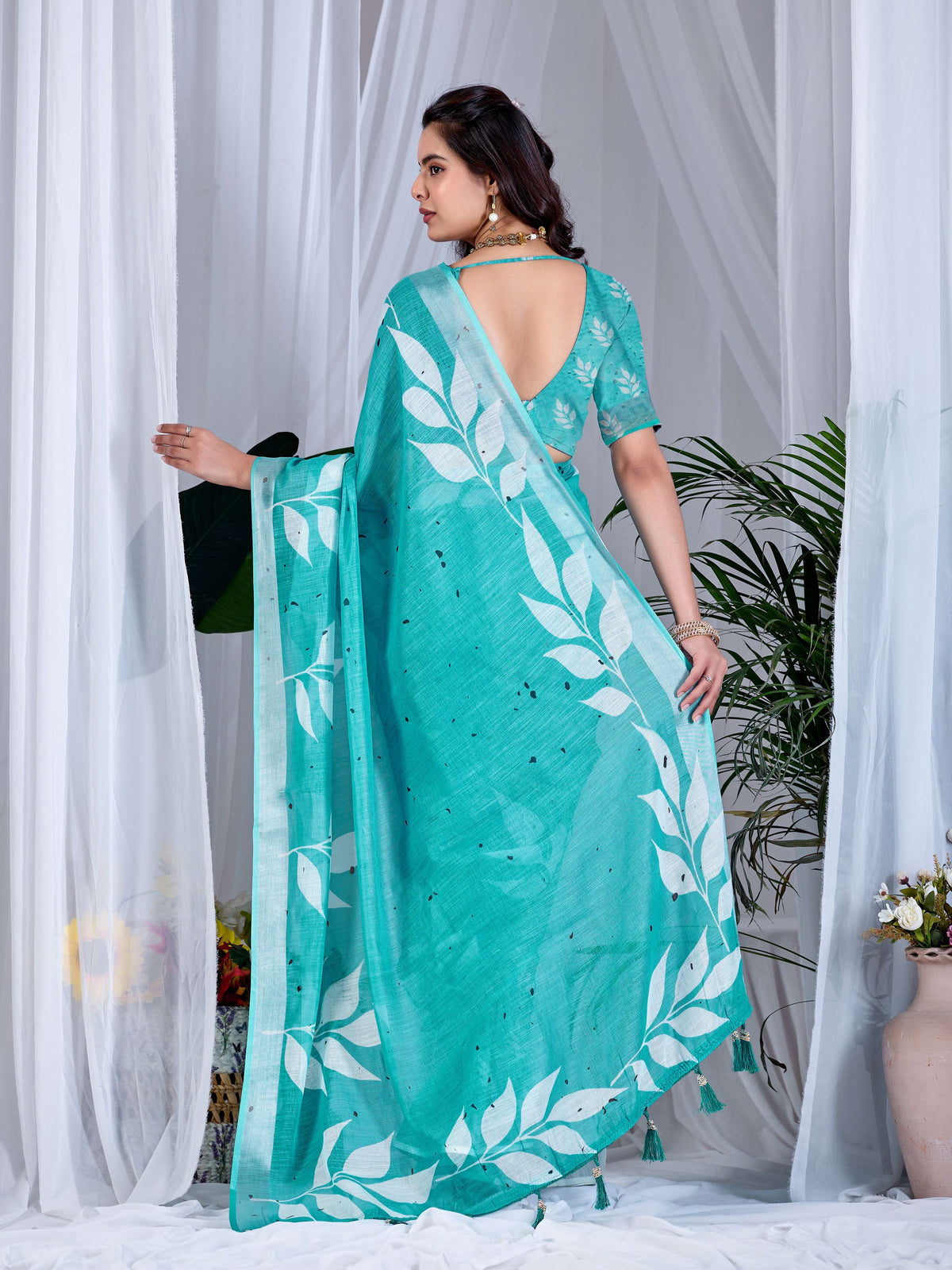 See Green Soft Linen Cotton Printed Saree with Matching Blouse