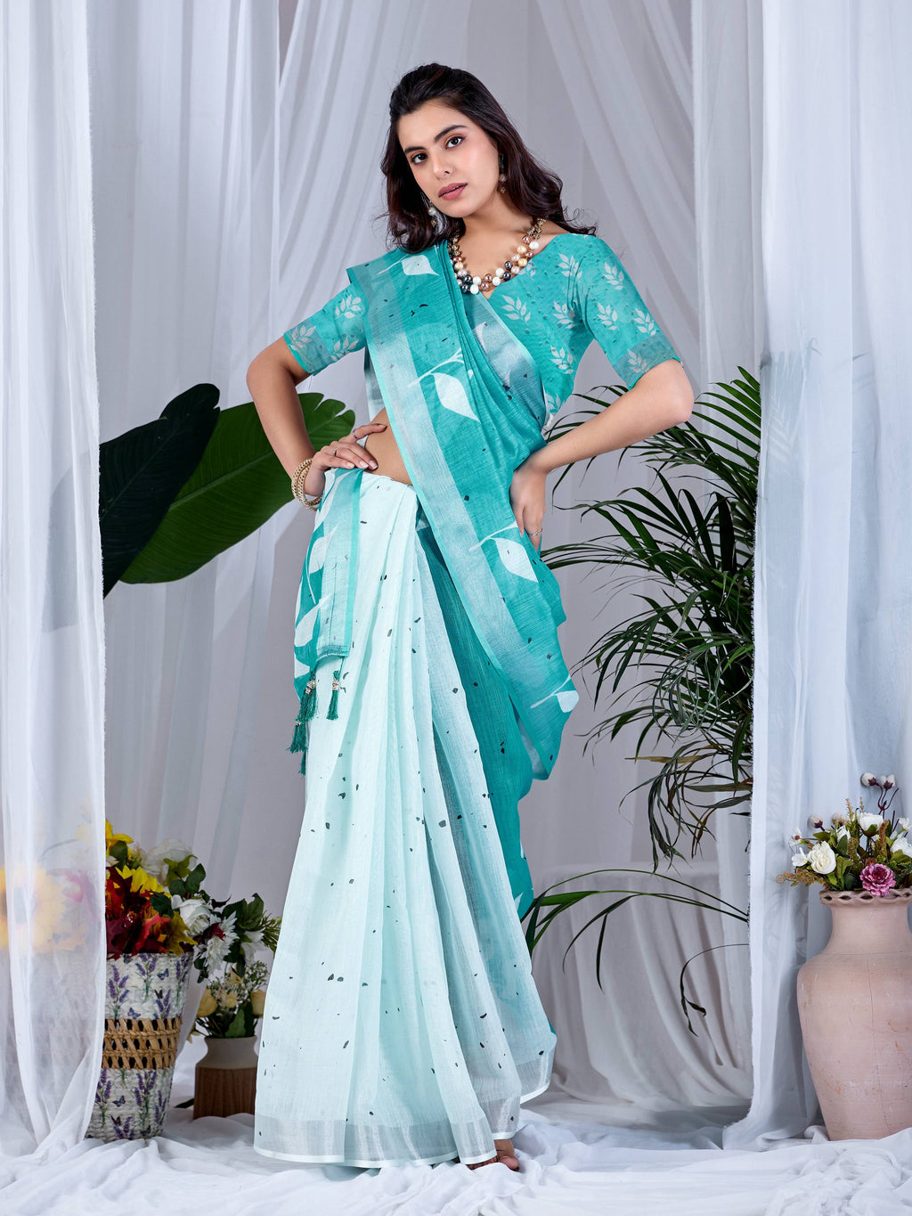 See Green Soft Linen Cotton Printed Saree with Matching Blouse