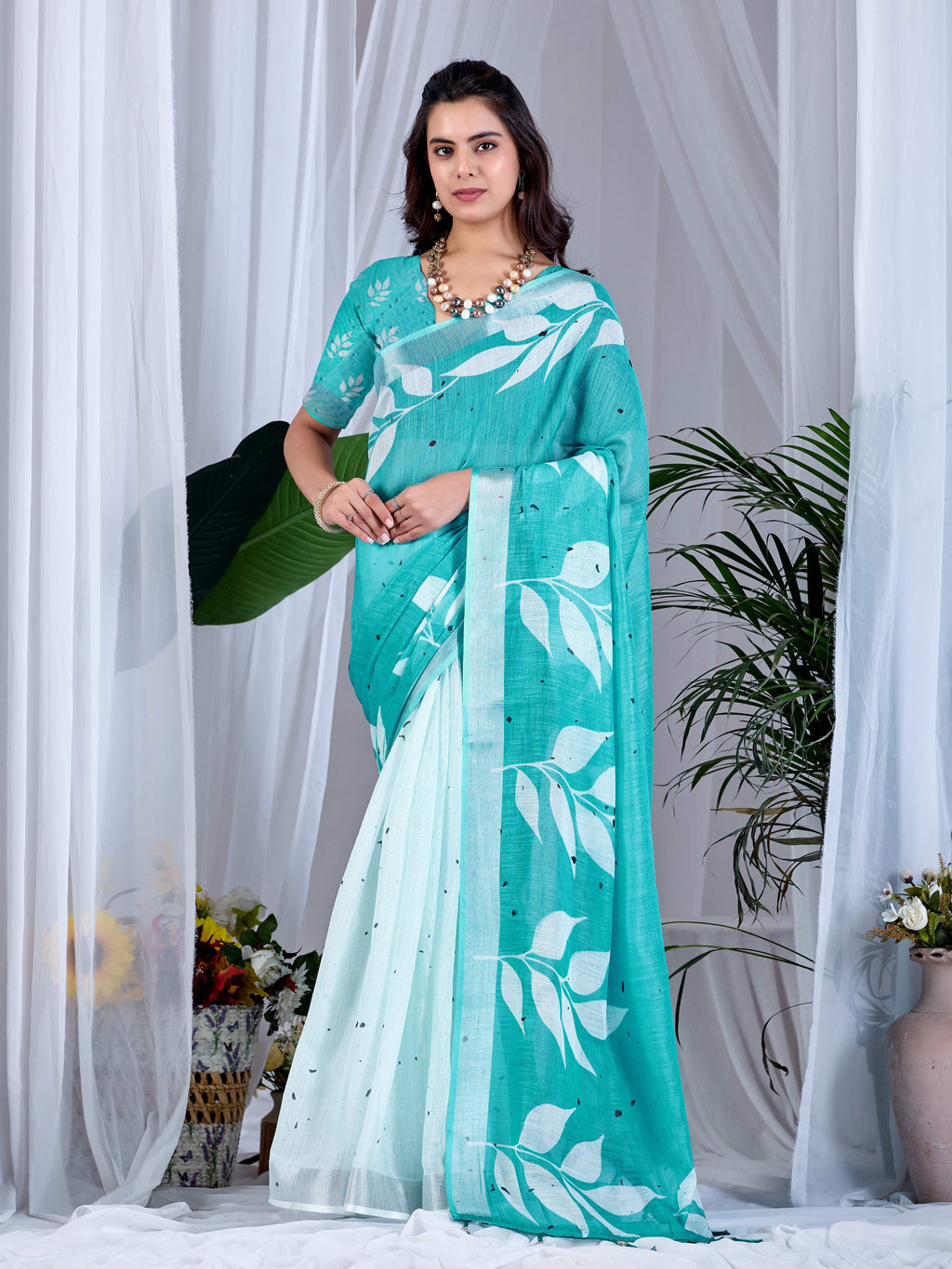 Aastha Fashion see green soft linen cotton saree with printed patterns and matching blouse