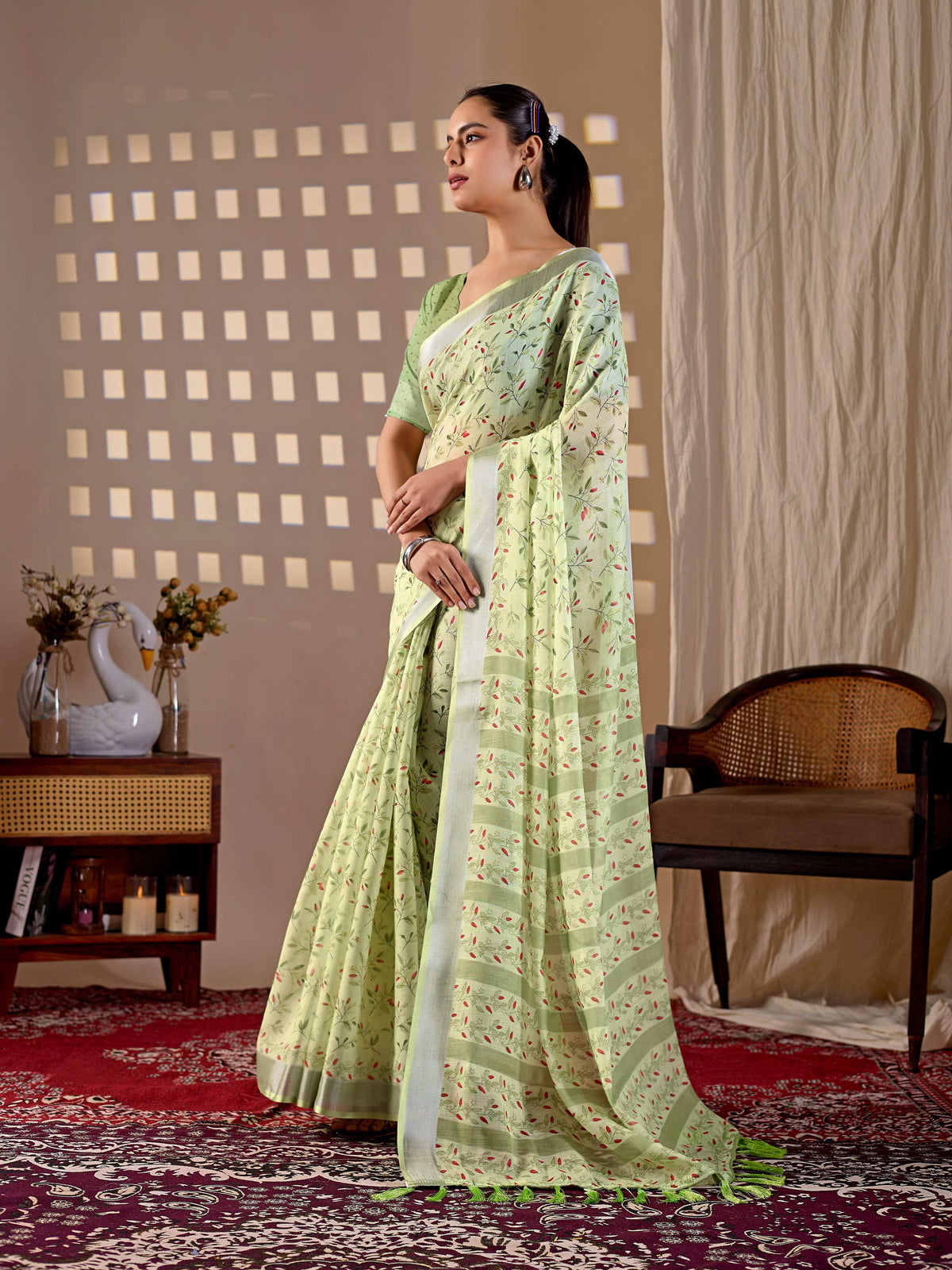 Pista Soft Linen Cotton Printed Saree with Matching Blouse
