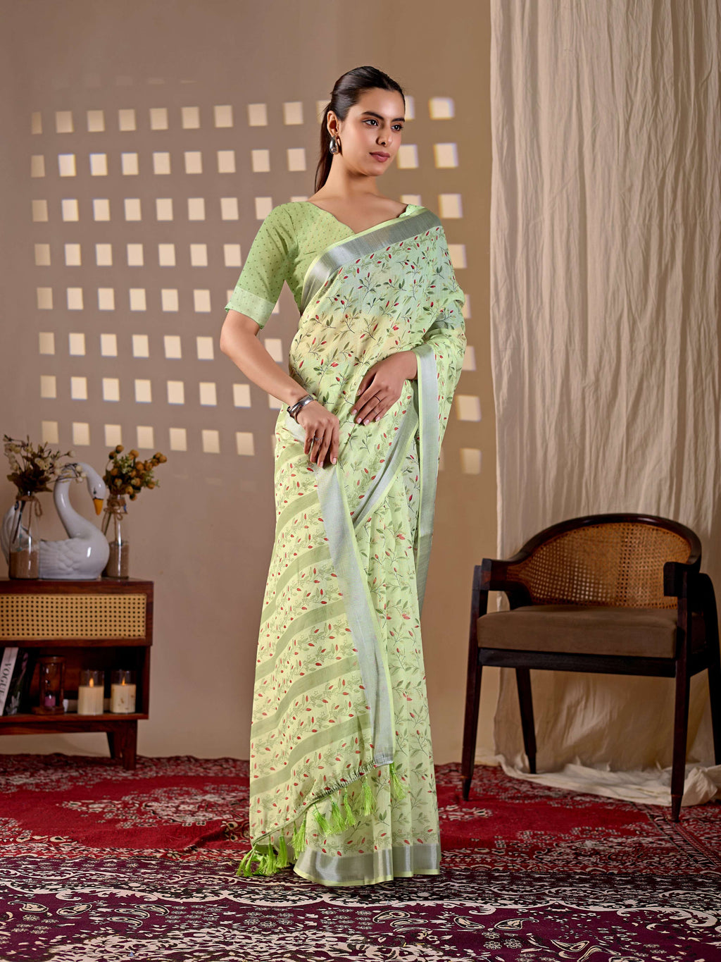 Pista Soft Linen Cotton Printed Saree with Matching Blouse