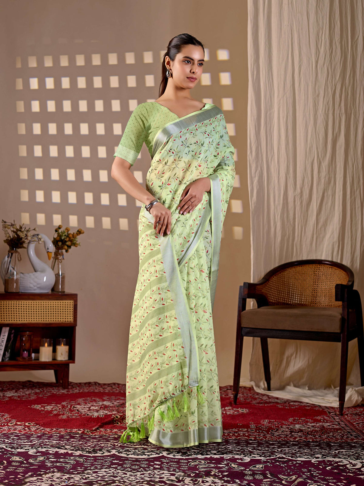 Pista Soft Linen Cotton Printed Saree with Matching Blouse