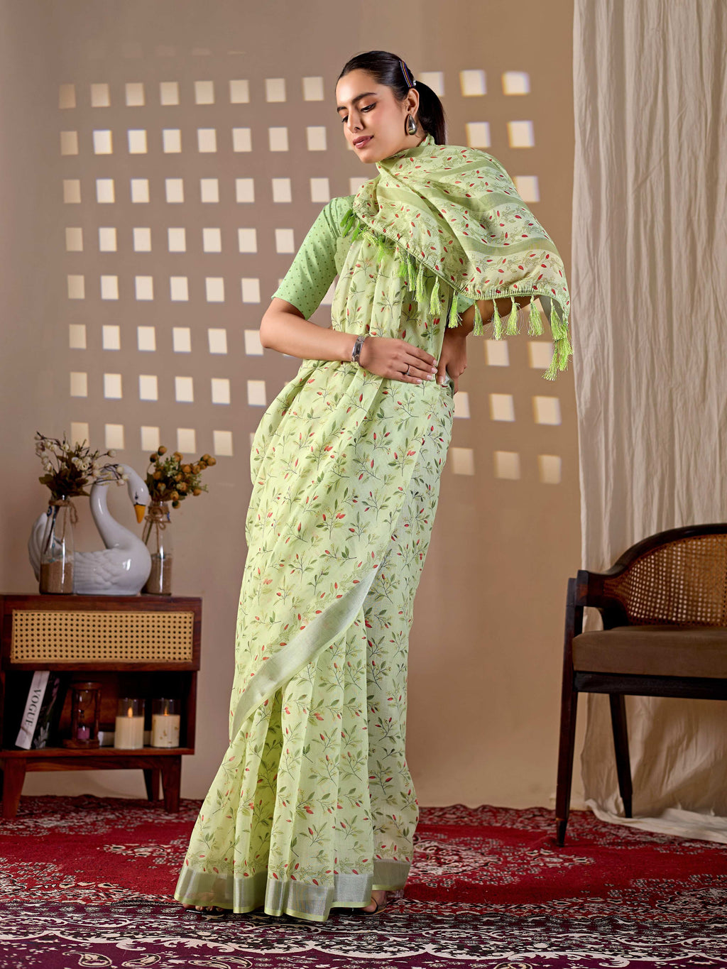 Pista Soft Linen Cotton Printed Saree with Matching Blouse