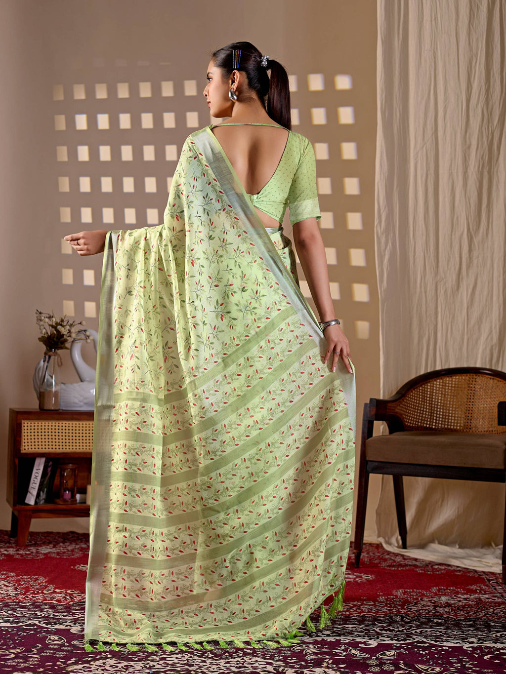 Pista Soft Linen Cotton Printed Saree with Matching Blouse