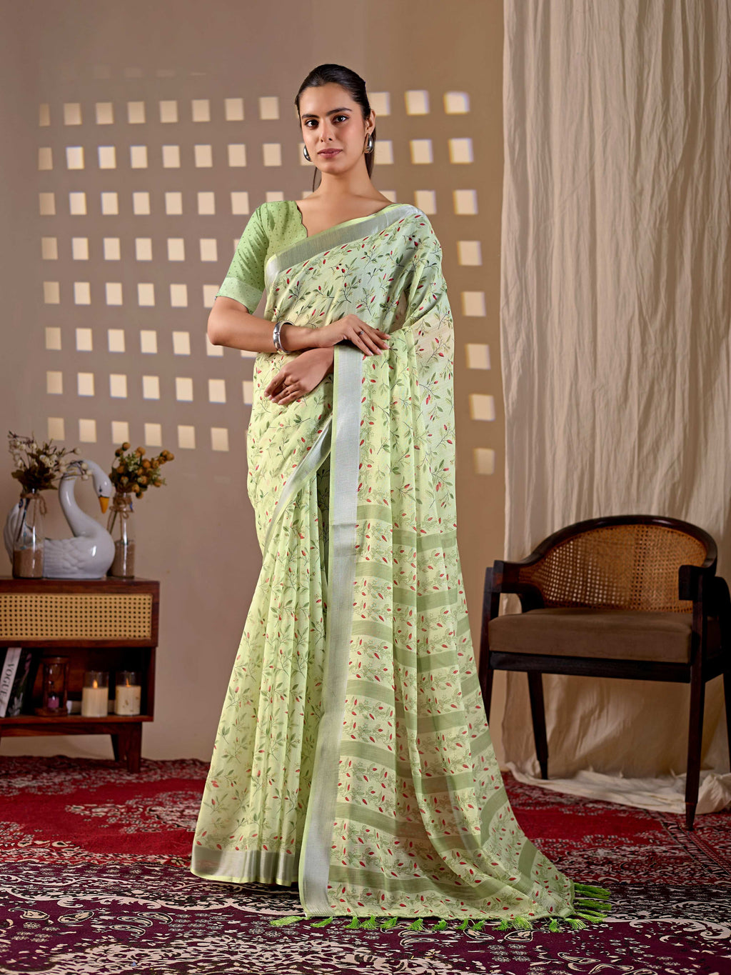 Aastha Fashion Pista soft linen cotton printed saree with matching blouse piece