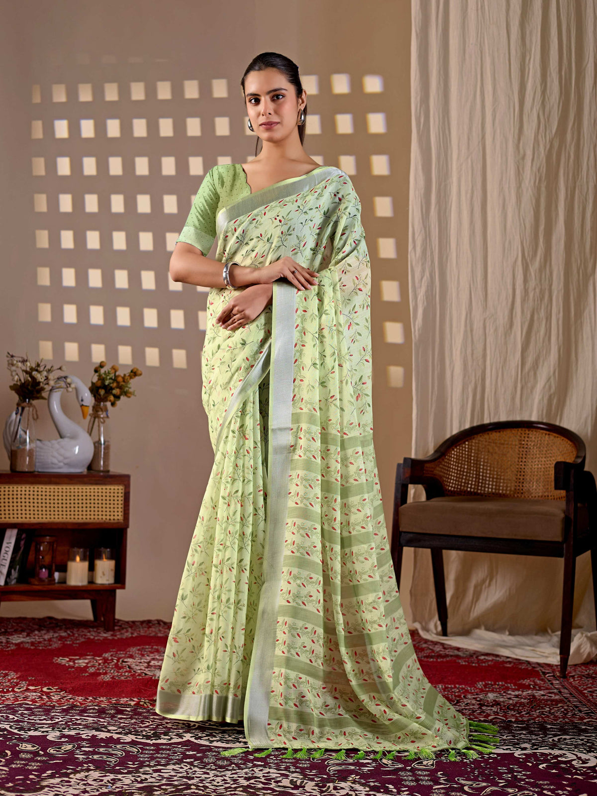 Aastha Fashion Pista soft linen cotton printed saree with matching blouse piece