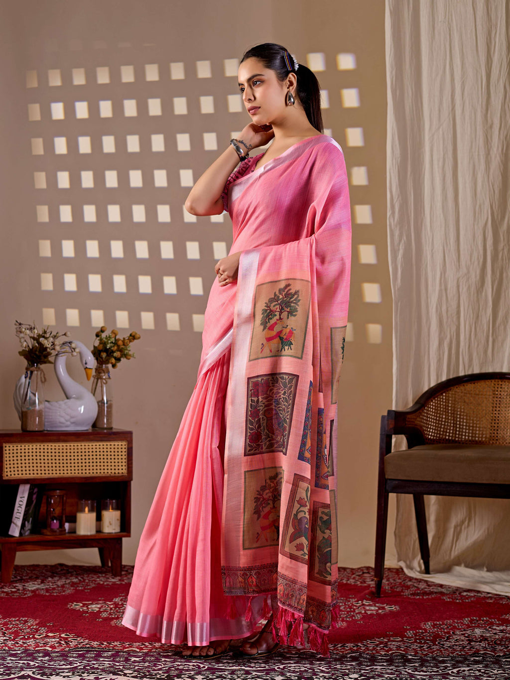 Pink Soft Linen Cotton Printed Saree with Matching Blouse