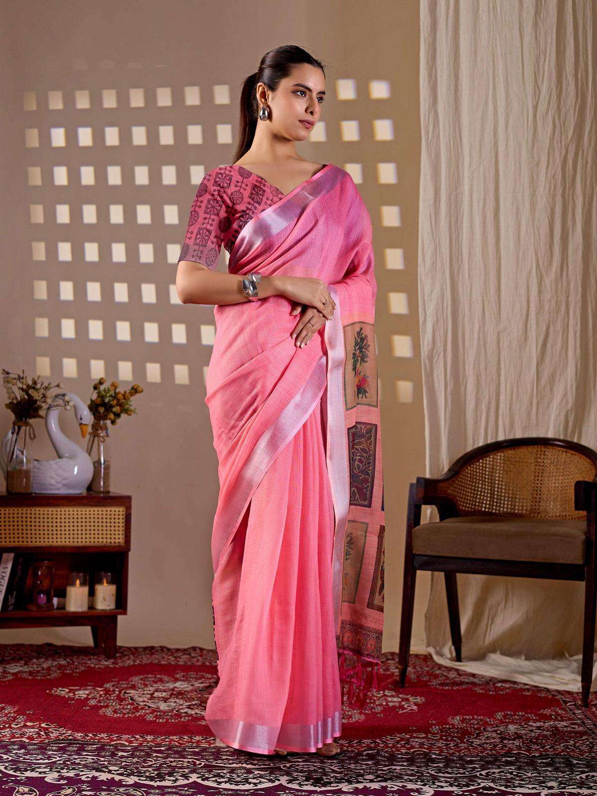 Pink Soft Linen Cotton Printed Saree with Matching Blouse
