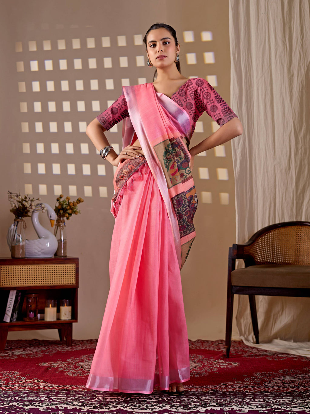 Pink Soft Linen Cotton Printed Saree with Matching Blouse