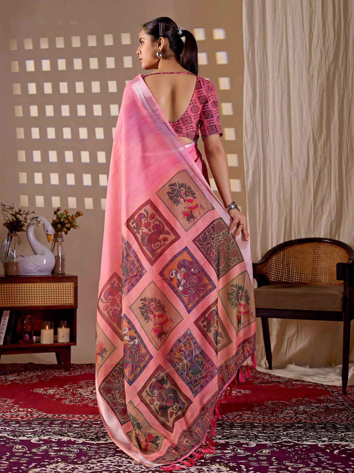 Pink Soft Linen Cotton Printed Saree with Matching Blouse