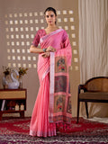 Pink soft linen cotton printed saree with matching blouse