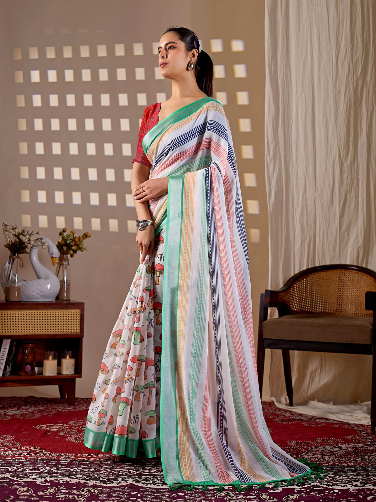Multi-color soft linen cotton printed saree with red blouse