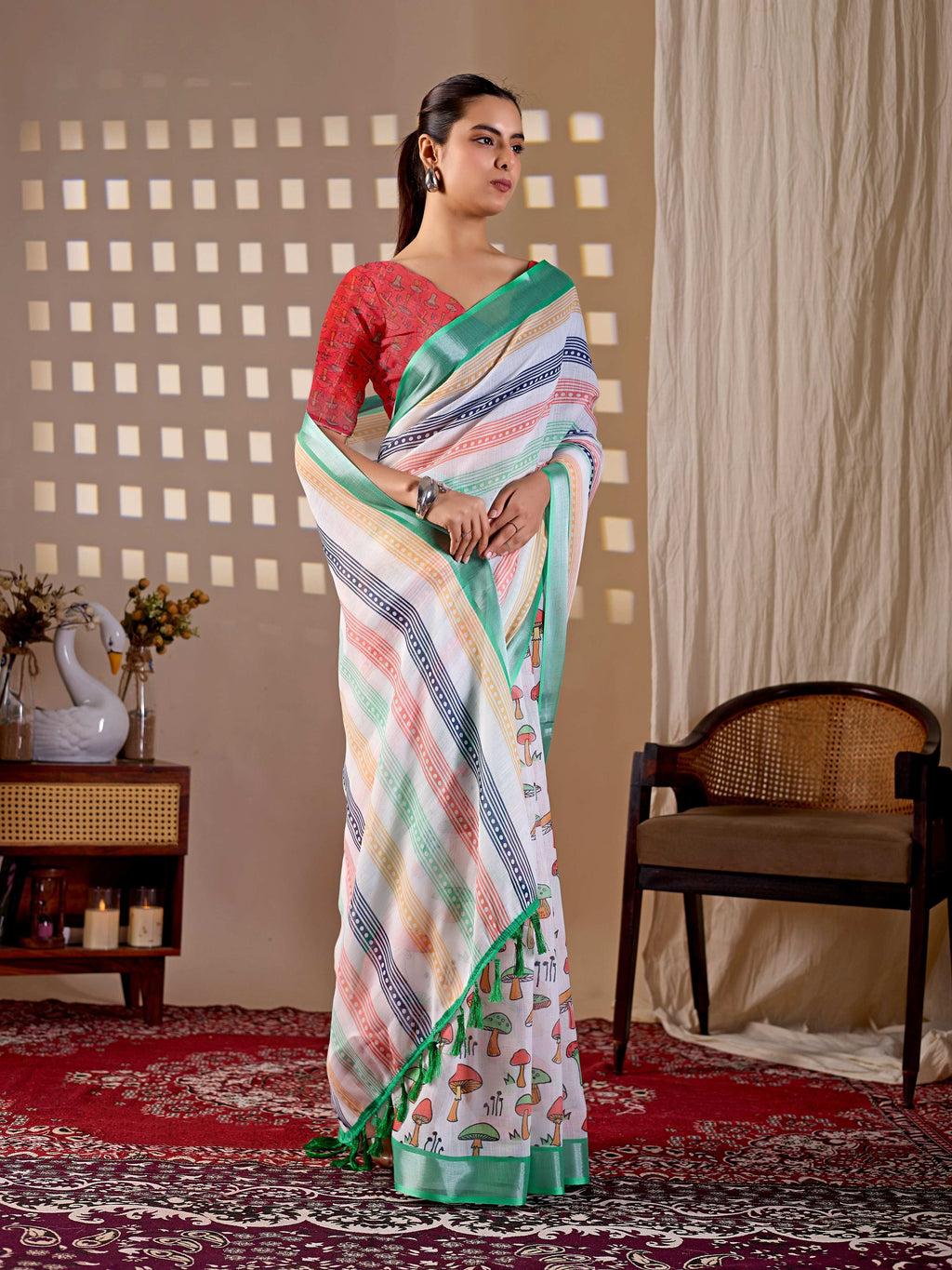 Multi-Color Soft Linen Cotton Printed Saree with Red Blouse