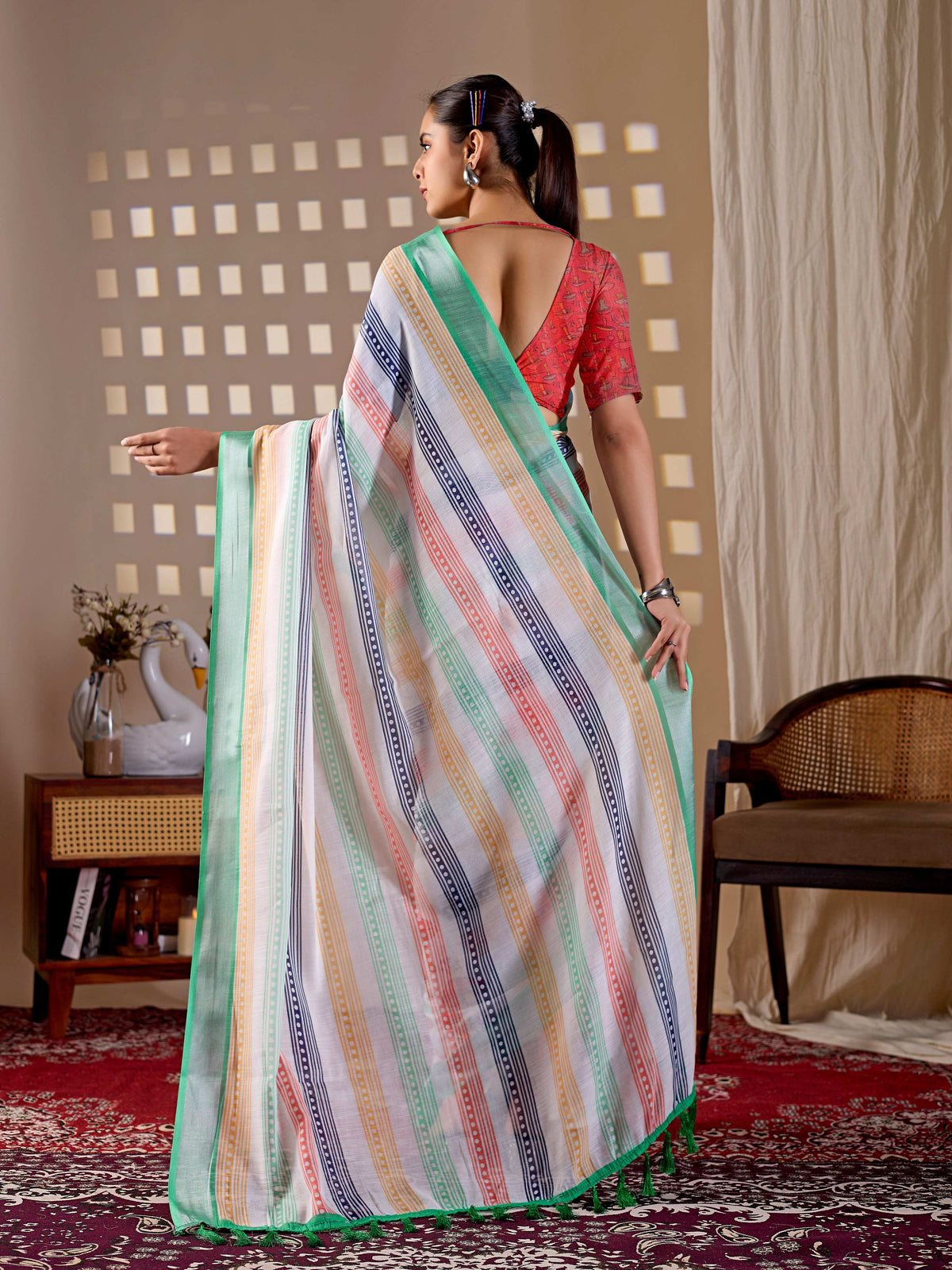 Multi-Color Soft Linen Cotton Printed Saree with Red Blouse
