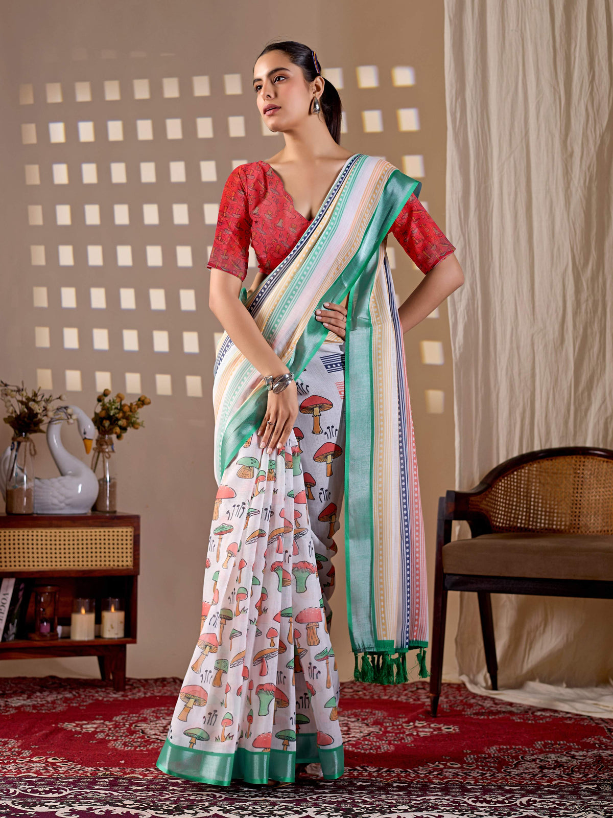 Multi-Color Soft Linen Cotton Printed Saree with Red Blouse