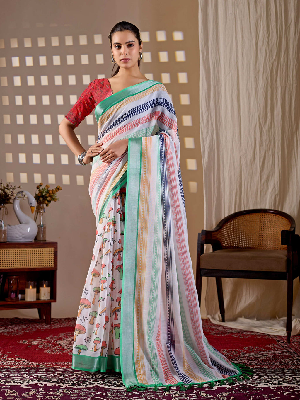 Multi-Color Soft Linen Cotton Printed Saree with Red Blouse