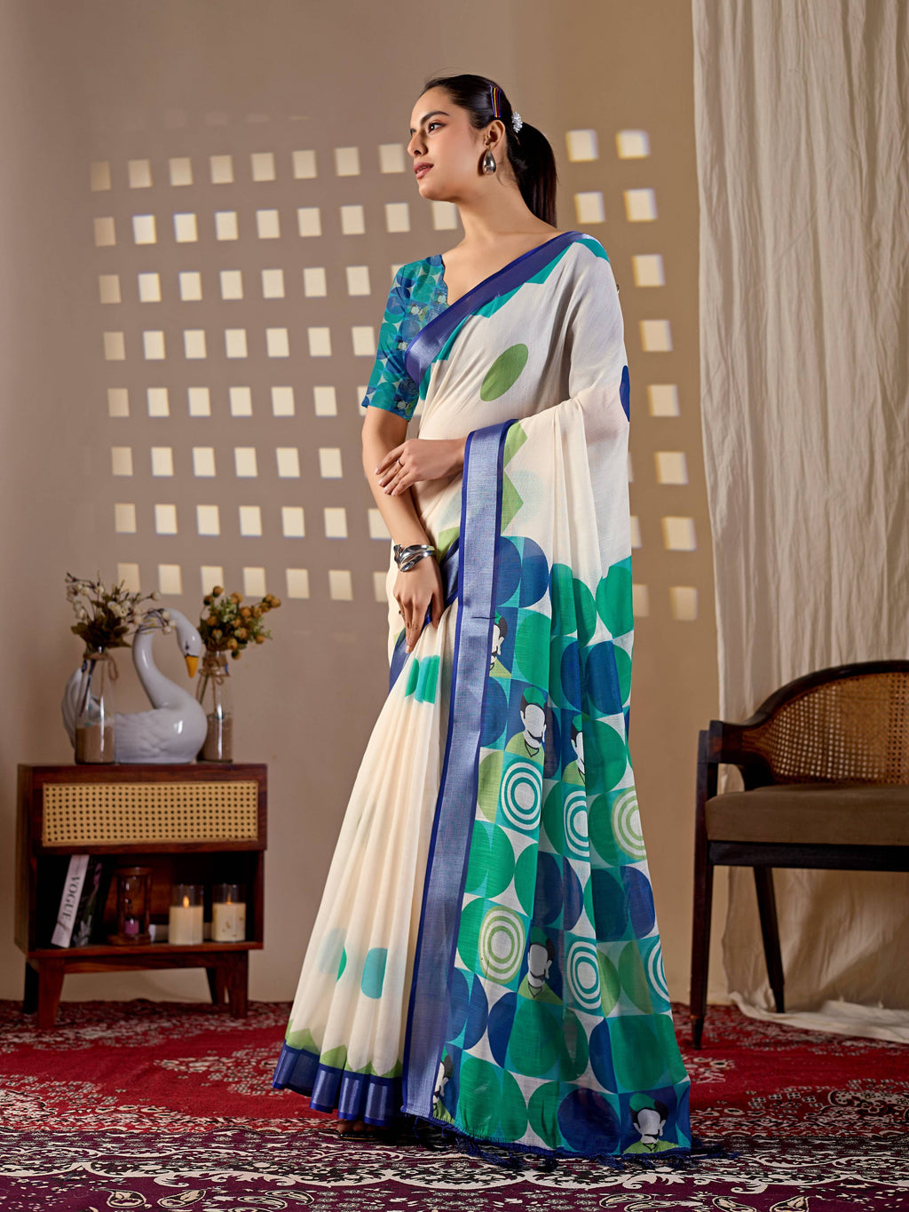 Cream Soft Linen Cotton Printed Saree with Aqua Blouse