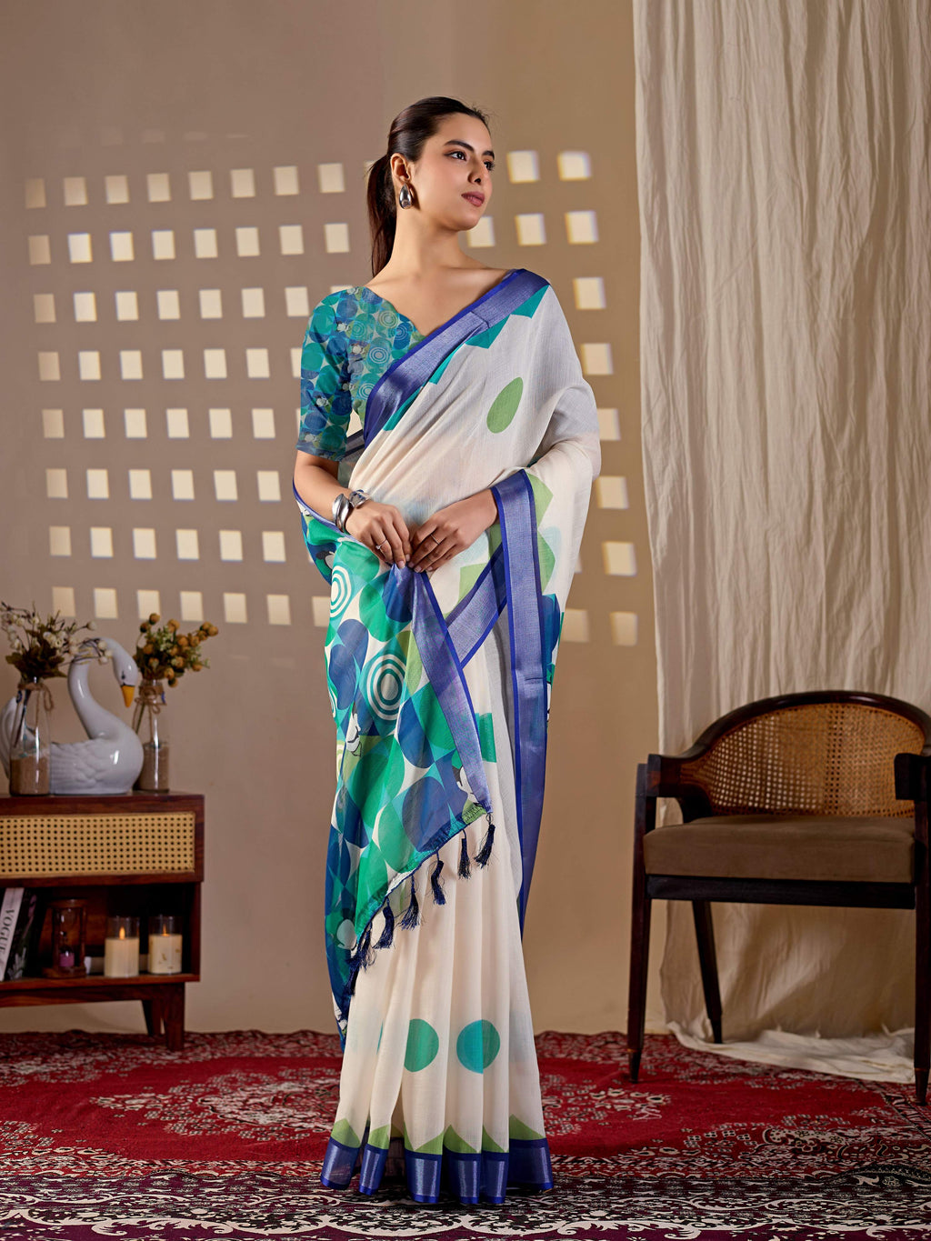 Cream Soft Linen Cotton Printed Saree with Aqua Blouse