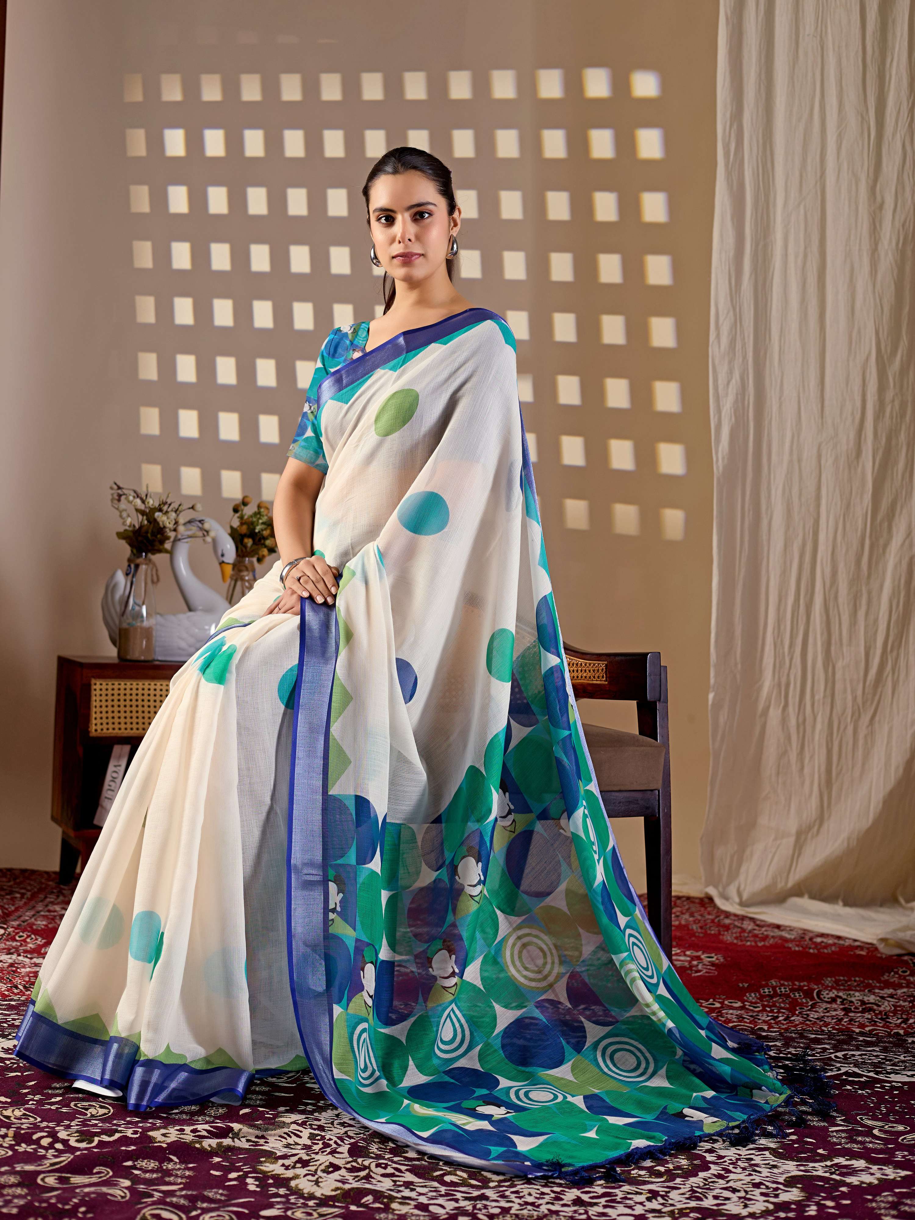 Cream Soft Linen Cotton Printed Saree with Aqua Blouse