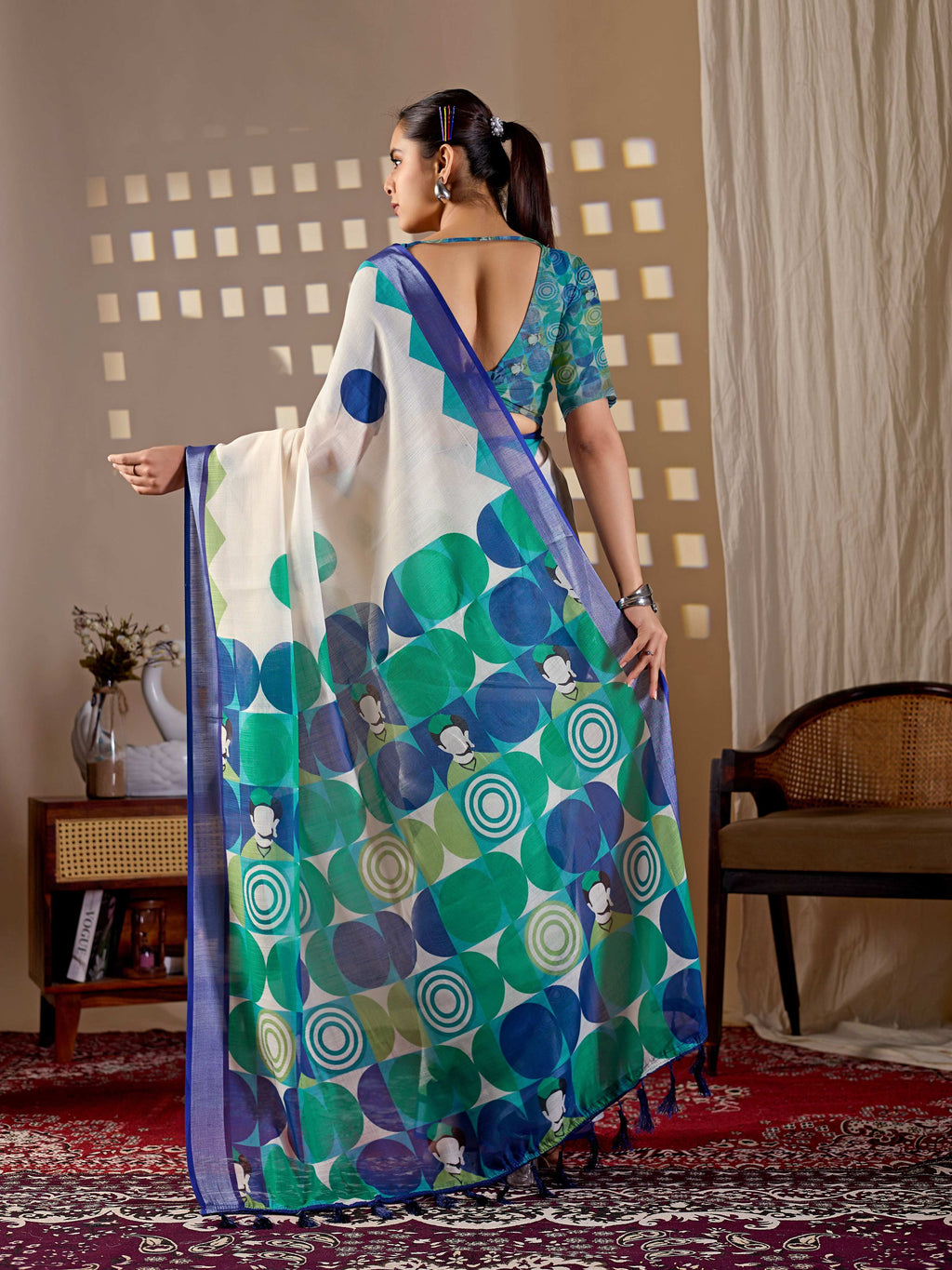 Cream Soft Linen Cotton Printed Saree with Aqua Blouse