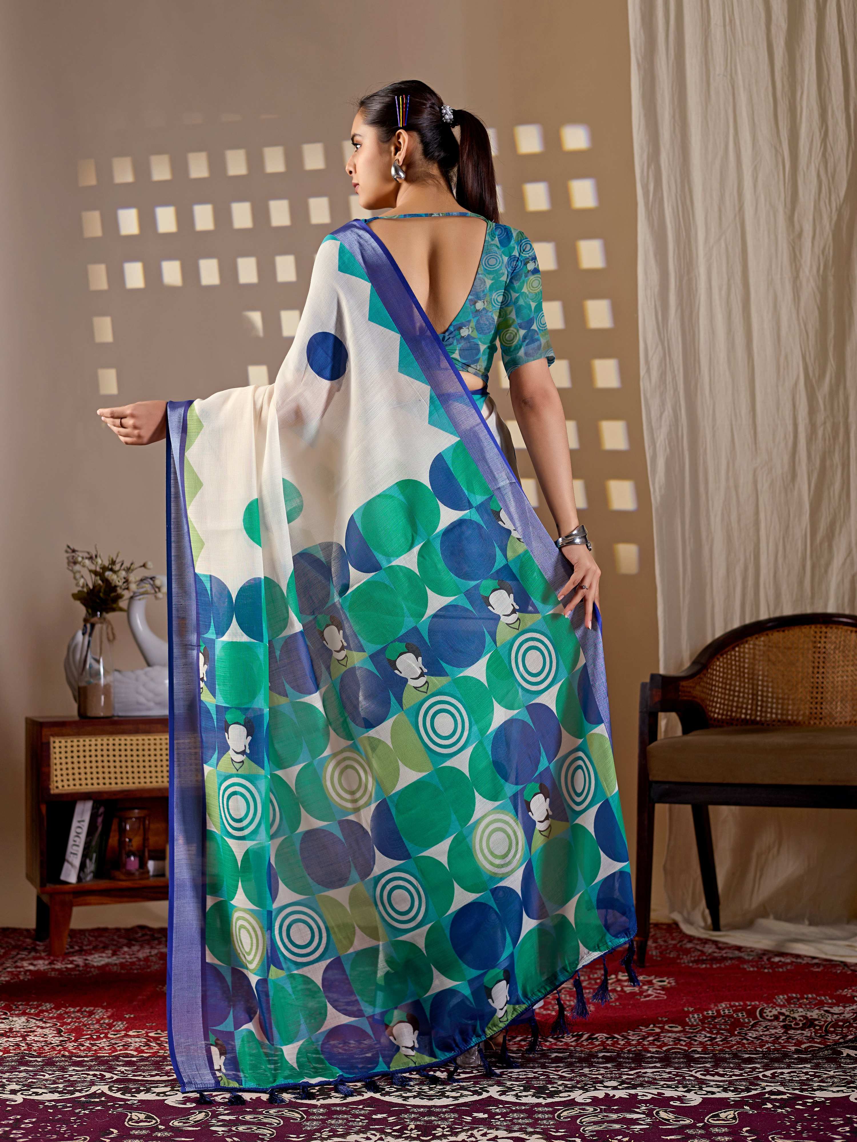 Cream Soft Linen Cotton Printed Saree with Aqua Blouse