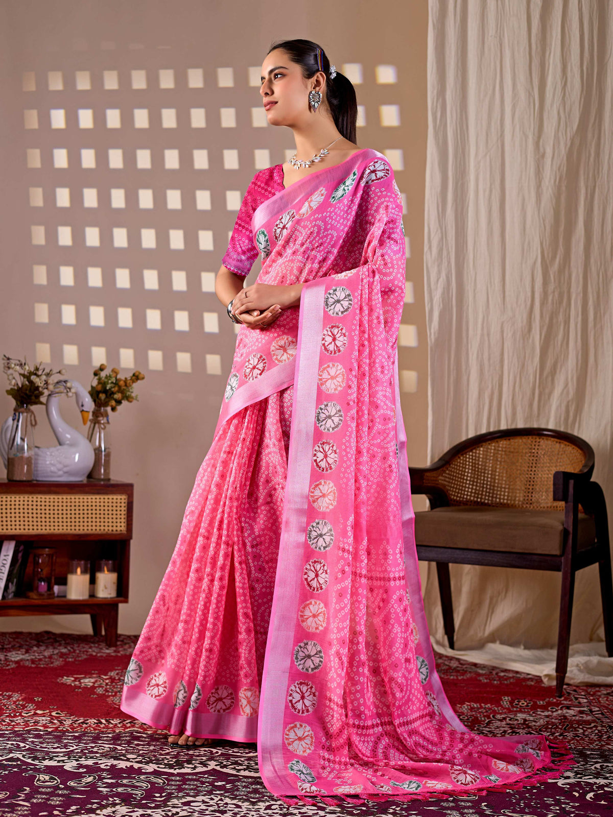 Pink Soft Linen Cotton Printed Saree with Matching Blouse