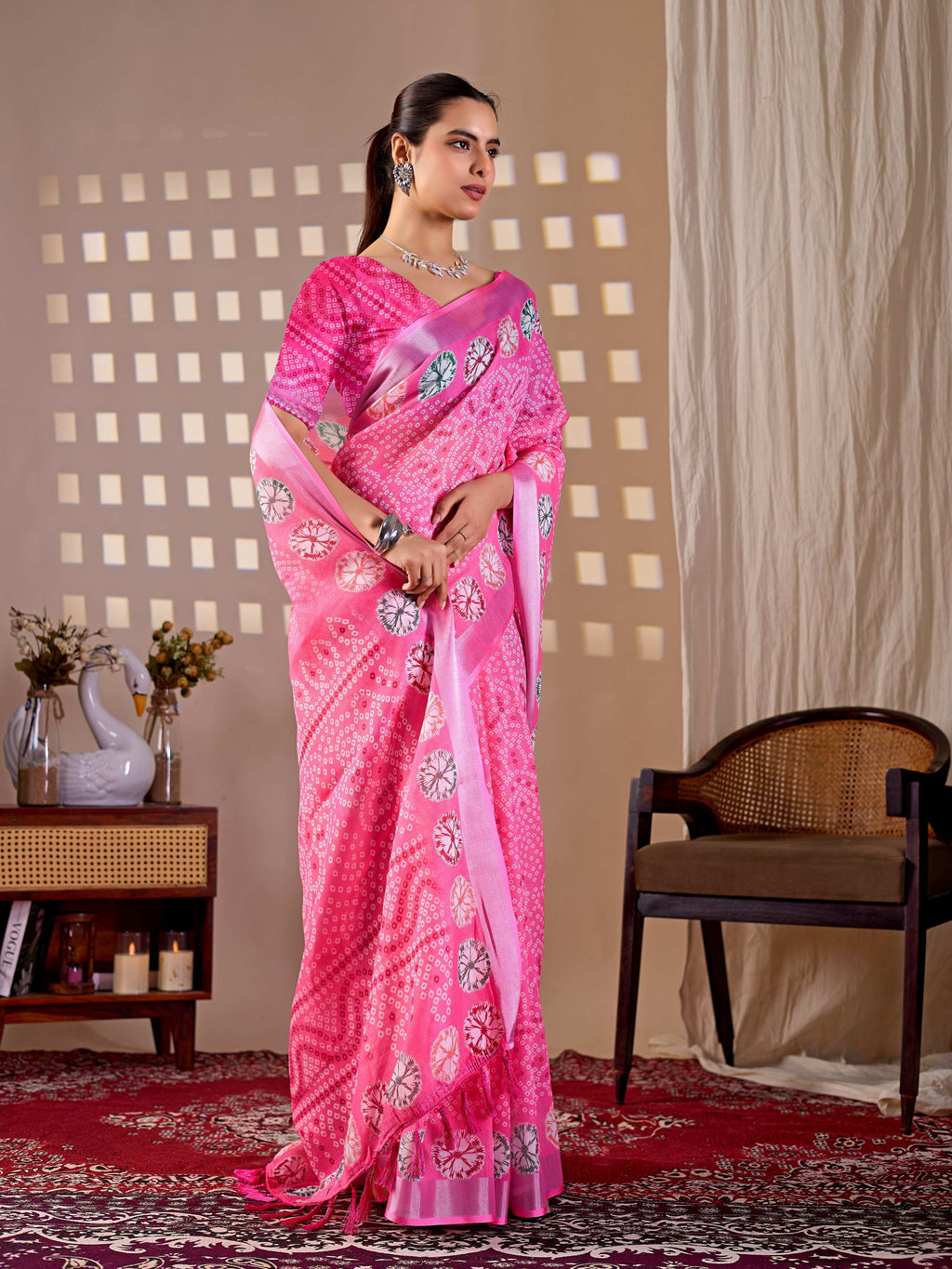 Pink Soft Linen Cotton Printed Saree with Matching Blouse