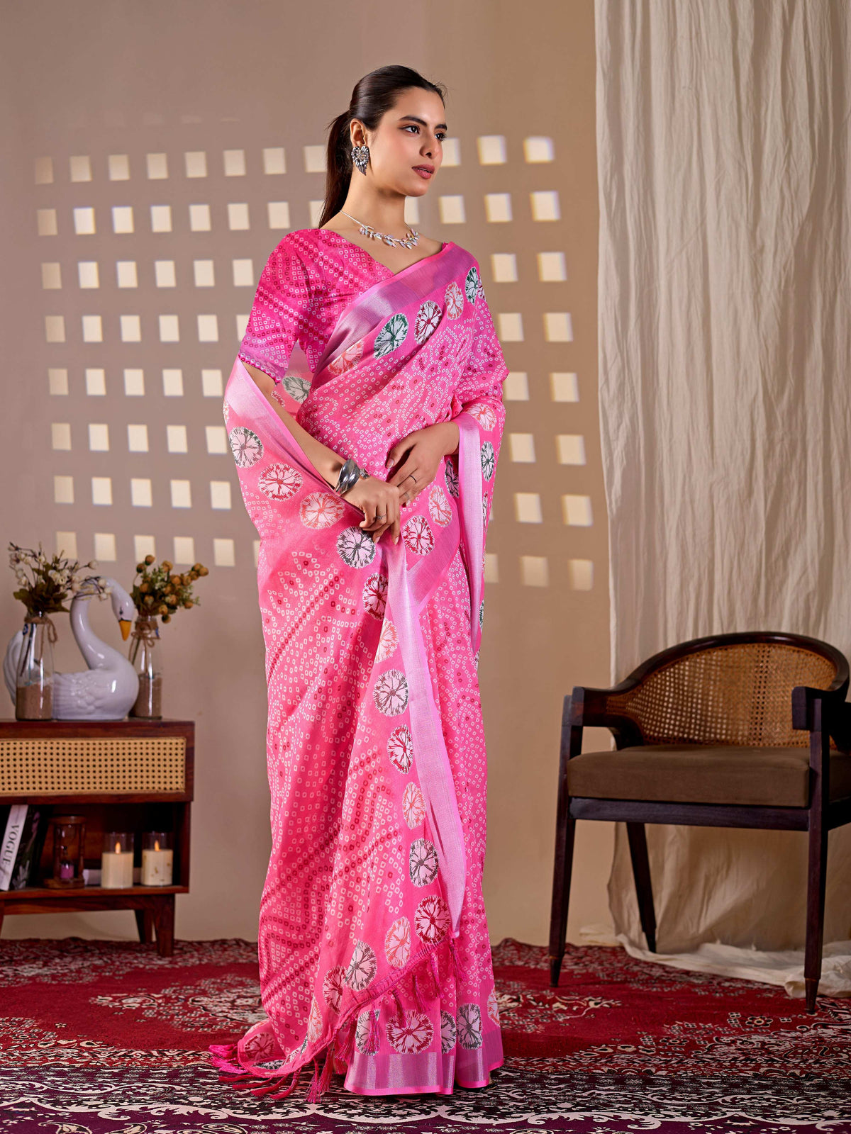 Pink Soft Linen Cotton Printed Saree with Matching Blouse