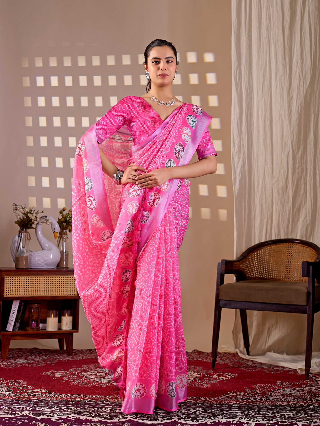 Pink Soft Linen Cotton Printed Saree with Matching Blouse