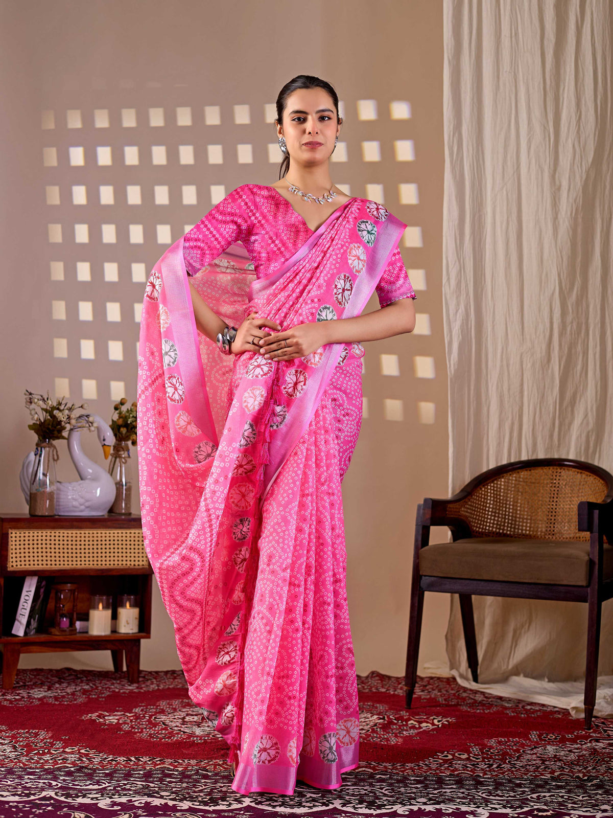 Pink Soft Linen Cotton Printed Saree with Matching Blouse