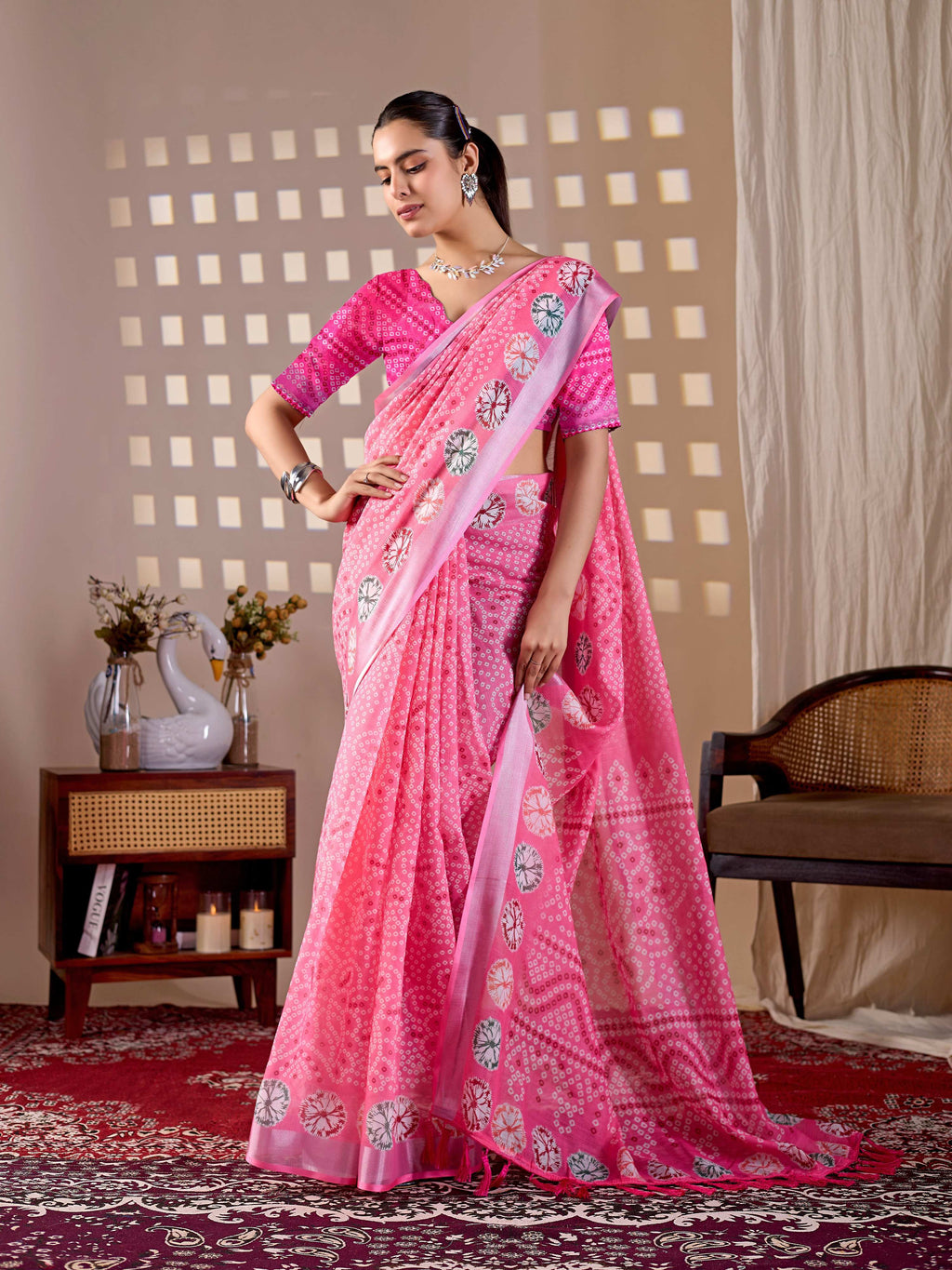 Pink Soft Linen Cotton Printed Saree with Matching Blouse