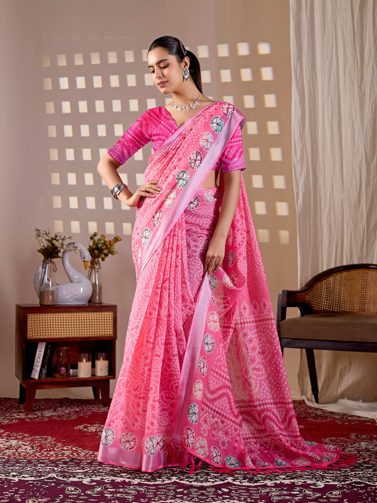 Pink Soft Linen Cotton Printed Saree with Matching Blouse