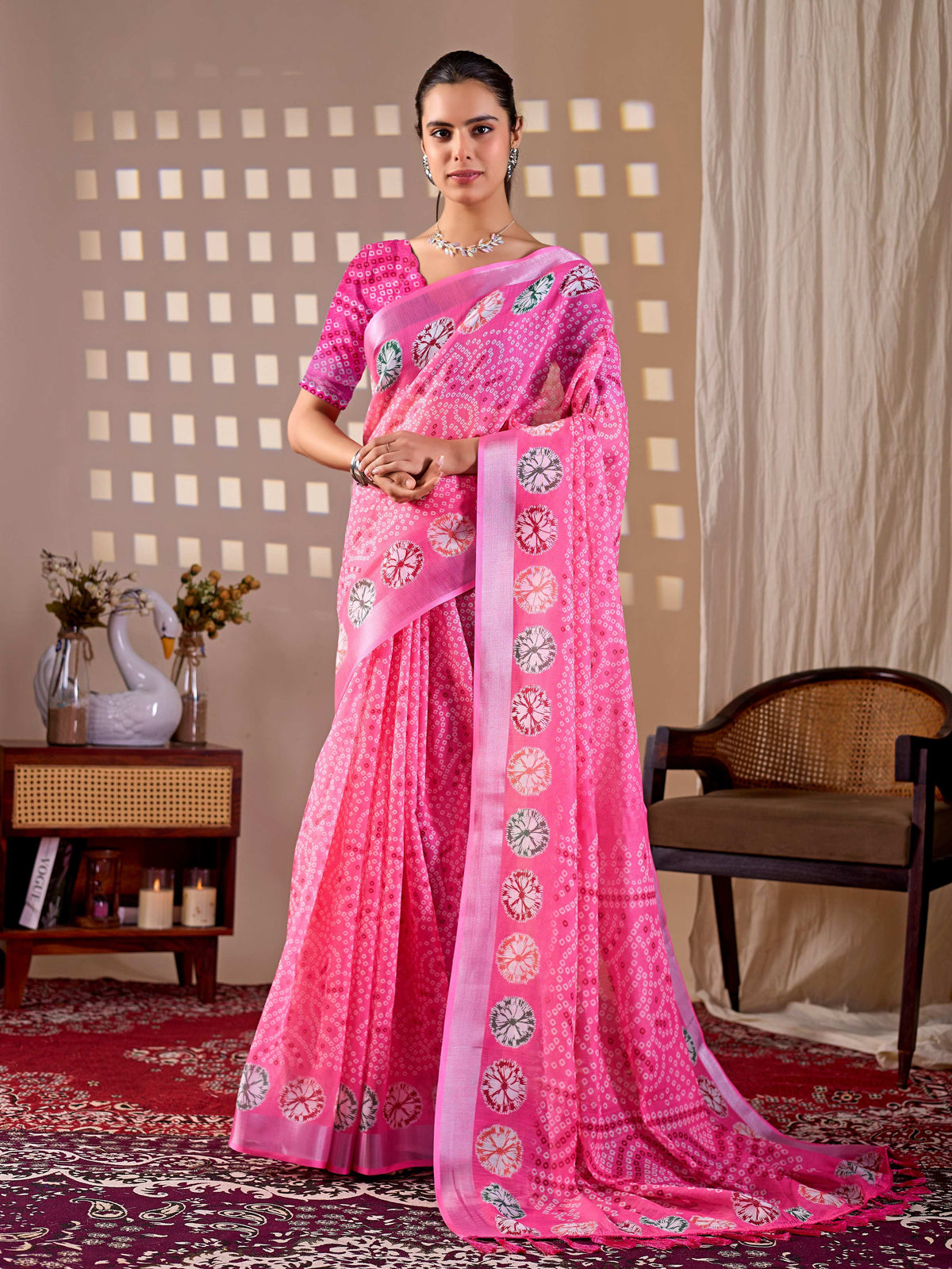 Pink soft linen cotton printed saree with matching blouse